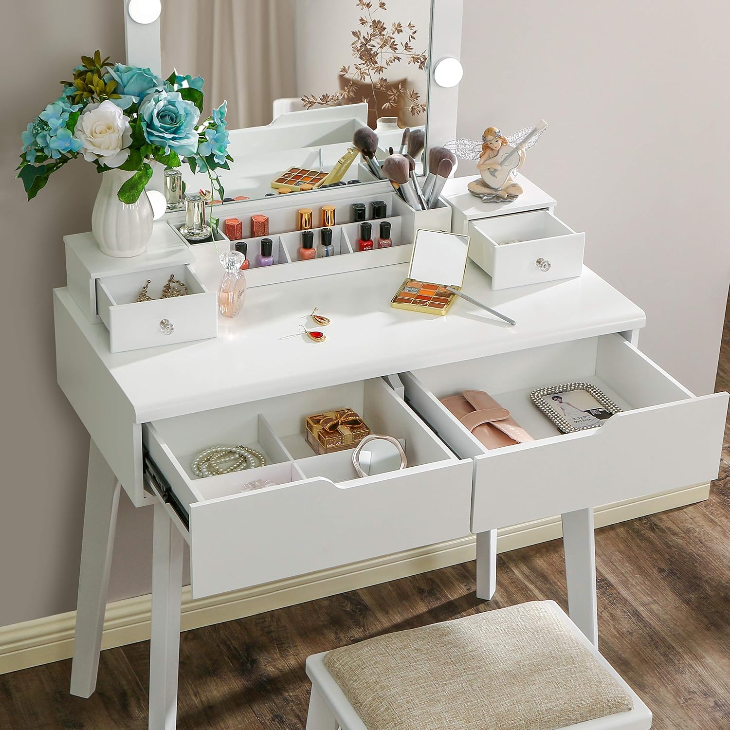 BEWISHOME Vanity Set with Lighted Mirror, Makeup Vanity with 10 LED Bulbs, Vanity Desk Makeup desk with 4 Drawers 2 DIY Dividers Removable Makeup Organizer & Cushioned Stool, White Vanity Table FST10W