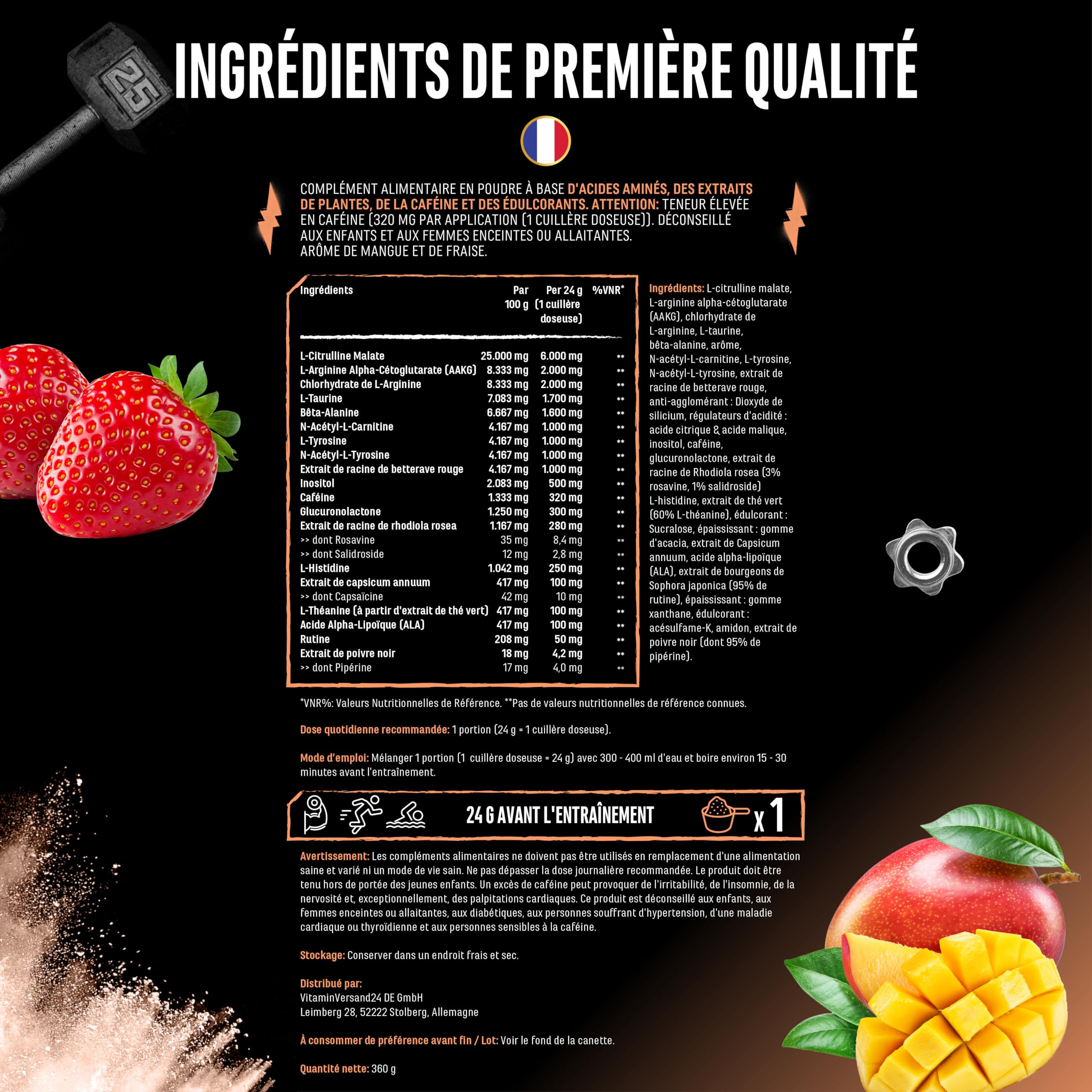 Push it to the Limit - Pré-Entraînement avec L-Arginine + Citrulline + L-Tyrosine + L-Théanine + L-Carnitine + AAKG + Taurine + Rhodiola Rosea + Caféine - Hautement Dosé - 360 g - Mangue Fraise