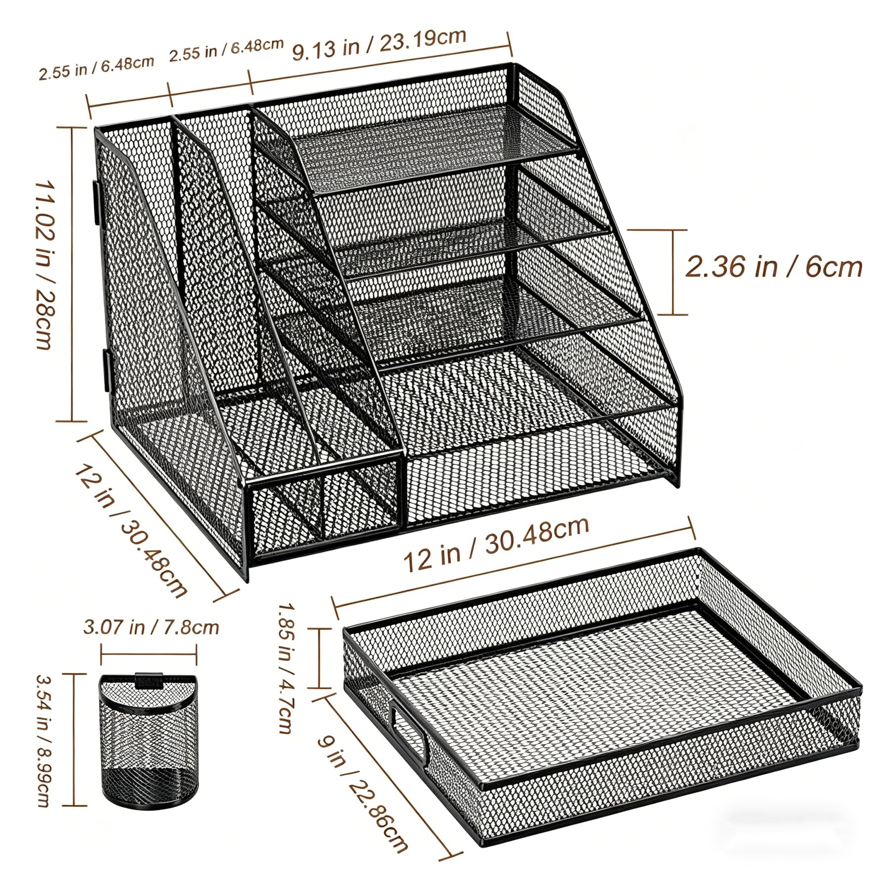 Marbrasse Schreibtisch Organizer,5 Ebenen Papier-Briefablage mit Schublade und 2 Stifthalter,Netz-Schreibtisch-Organizer, Aufbewahrung für Heimbürobedarf(Einseitiger Buchständer)