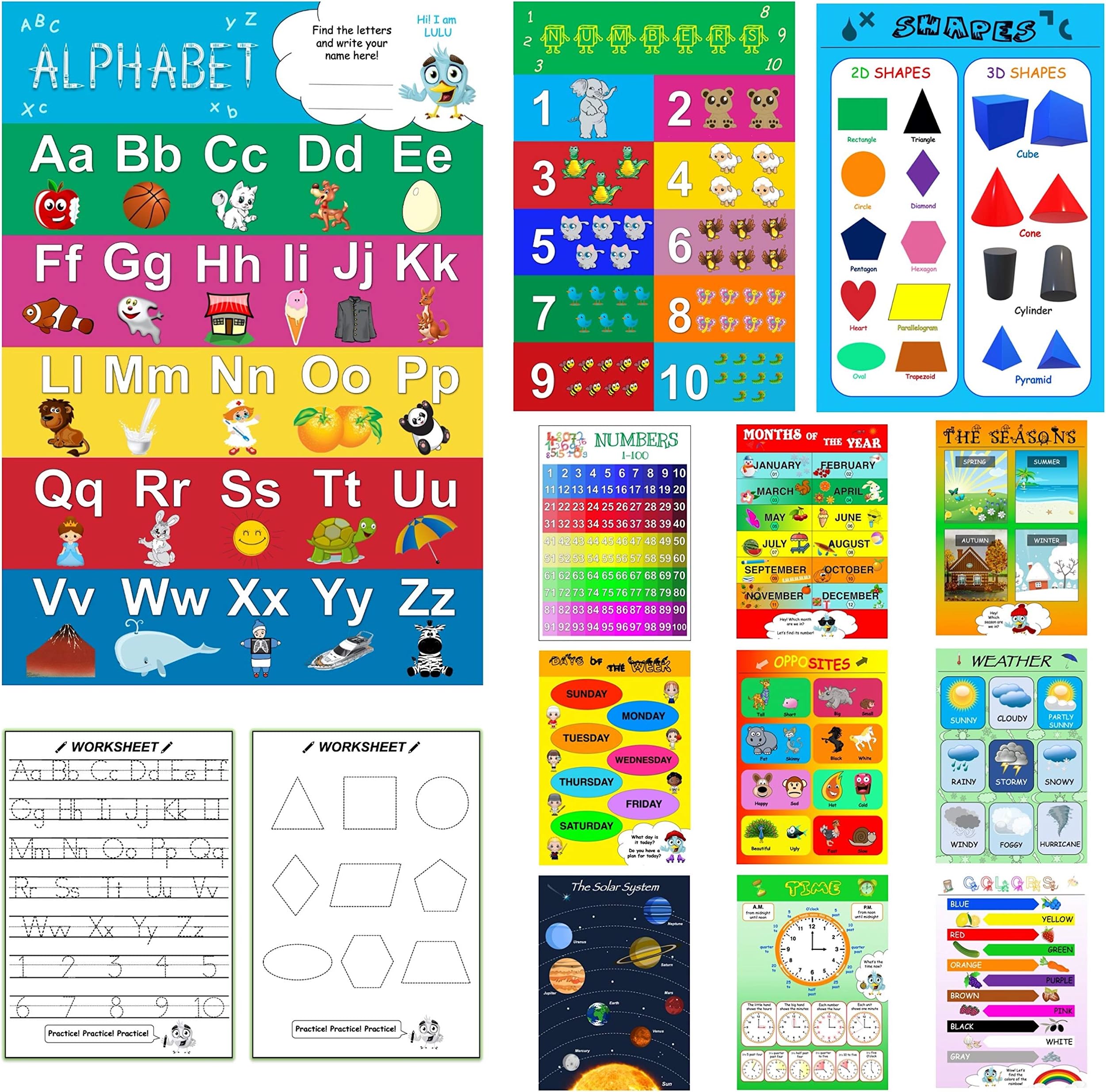 Preschool Learning Educational Wall Posters With Worksheets For ...