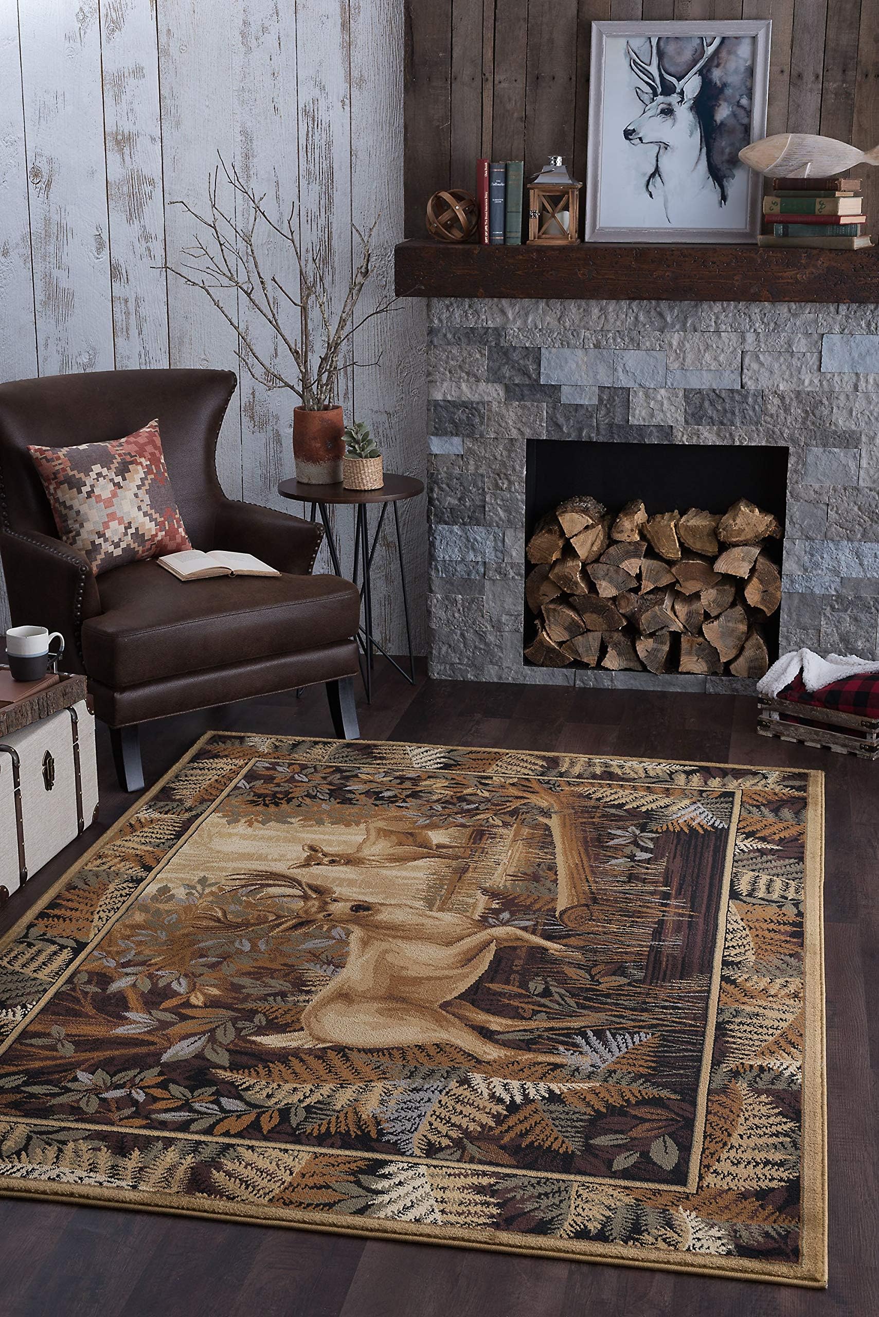 Fern Deer Beige 5x7 Area Rug for Living Room & Bedroom or DiningRoom - Cabin, Farmhouse Lodge Style Rustic Indoor Carpet