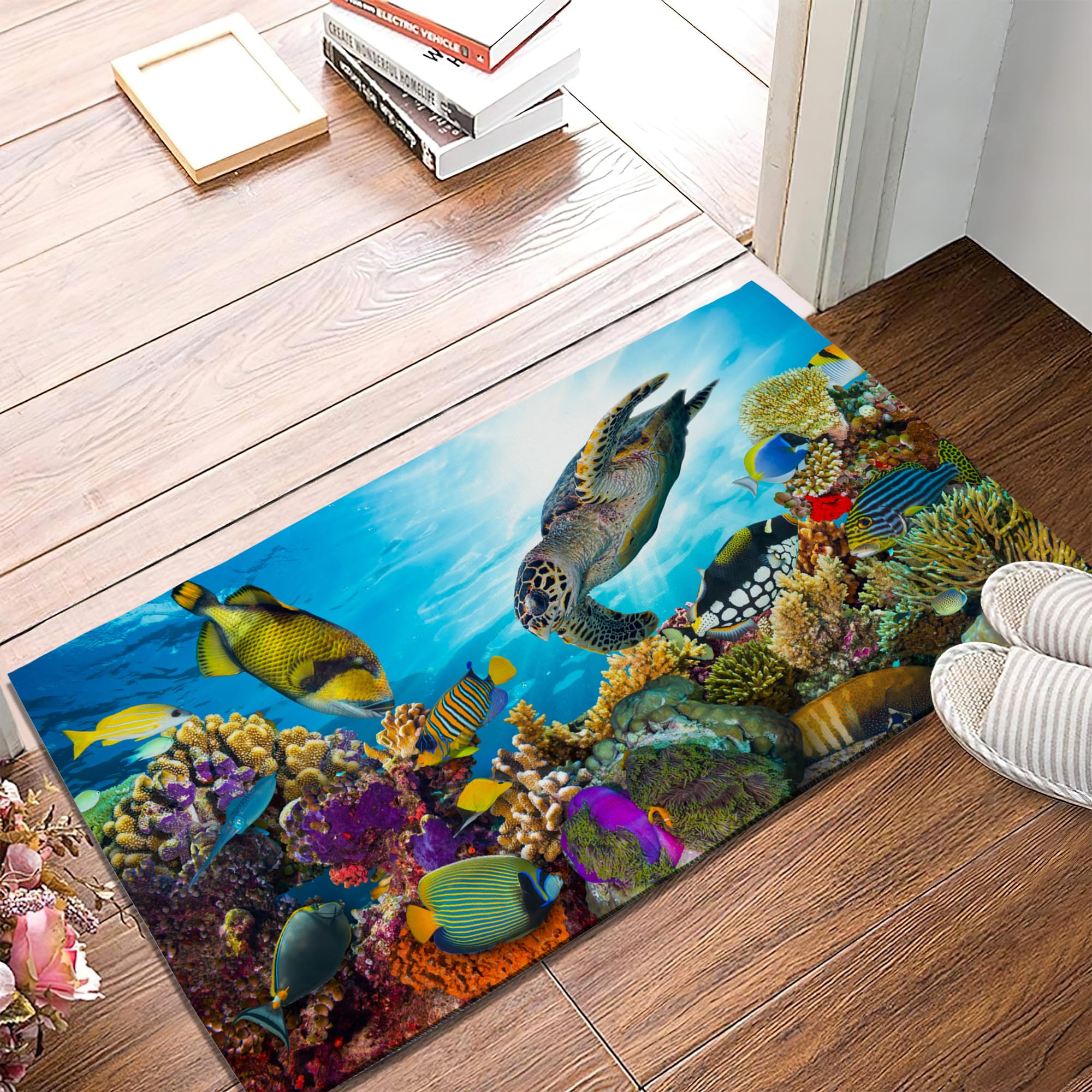 Morbuy Paillasson Bienvenue Tapis d'Entrée Tortue de Mer 3D Tapis de Bain Antidérapant Tapis de Sol,Tapis Antidérapant pour Salon,Chambre à Coucher,Cuisine,Couloir (60x90cm,Corail