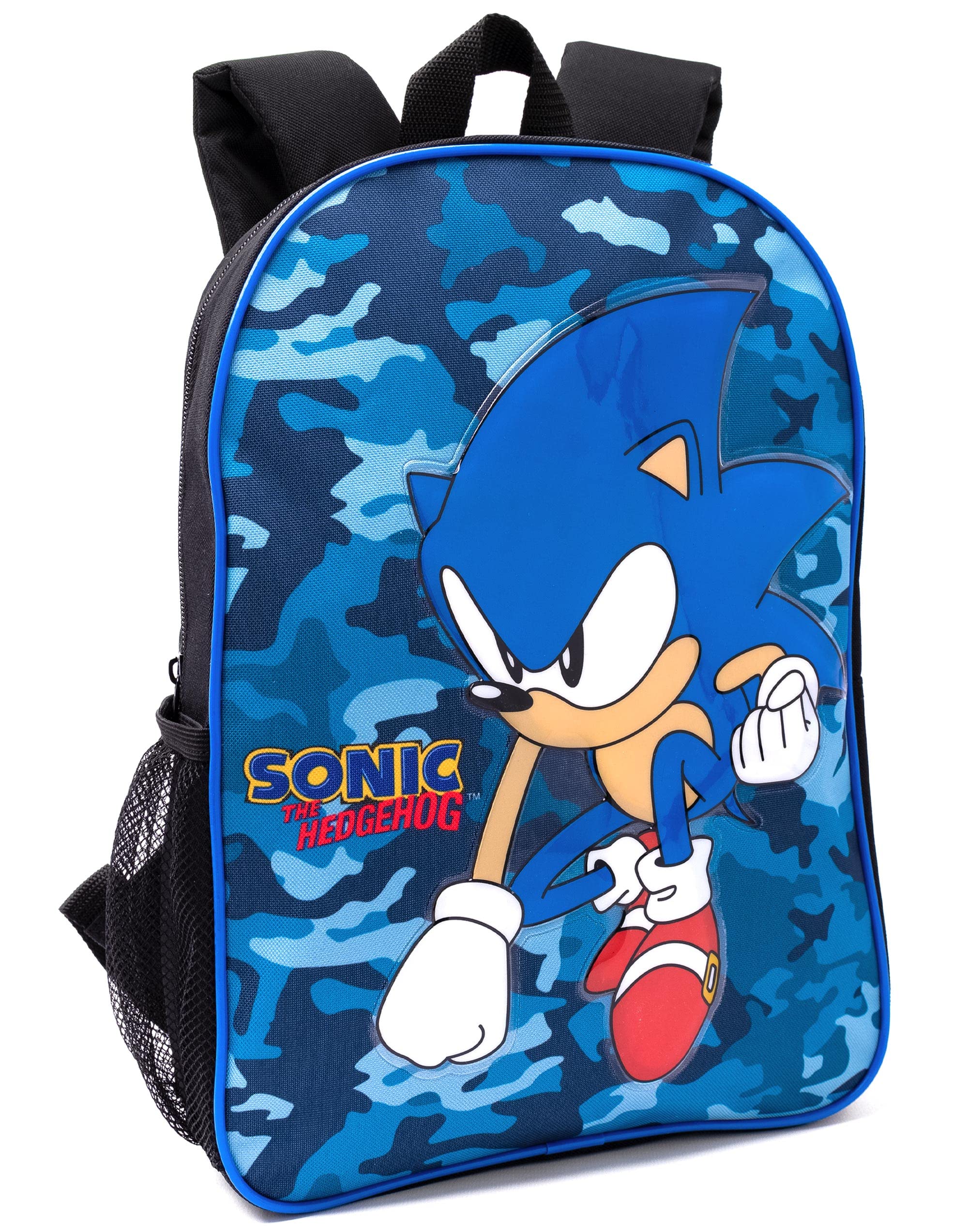 Sonic The Hedgehog Mochila para niños, diseño de camuflaje azul marino, estuche para lápices, botella de agua, mercancía de juego