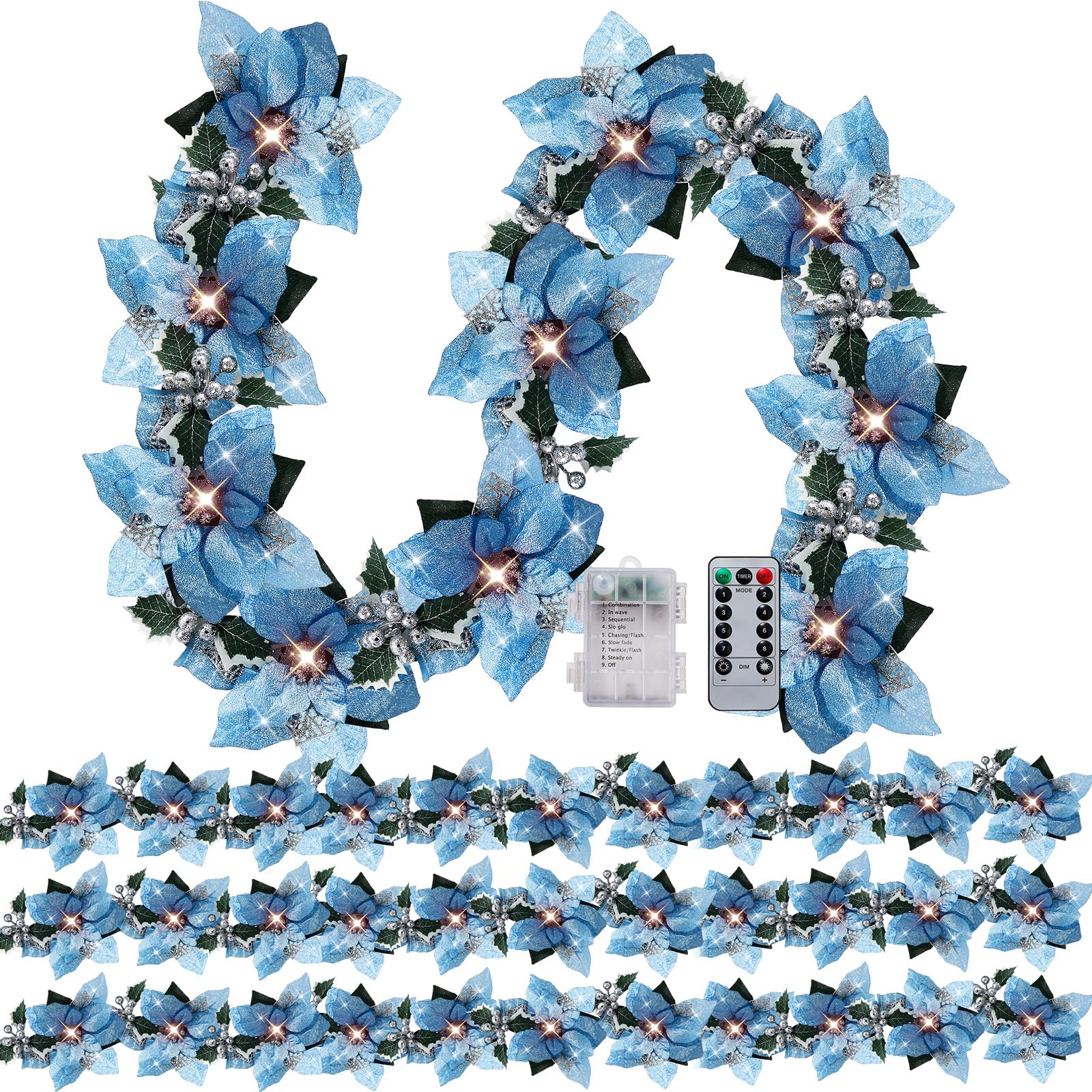 Zubebe 4 guirnaldas de Navidad preiluminadas de 6.5 pies con cadena de luces con purpurina, hojas de acebo, bayas, temporizador remoto, 8 modos, guirnalda de flores iluminadas, funciona con pilas