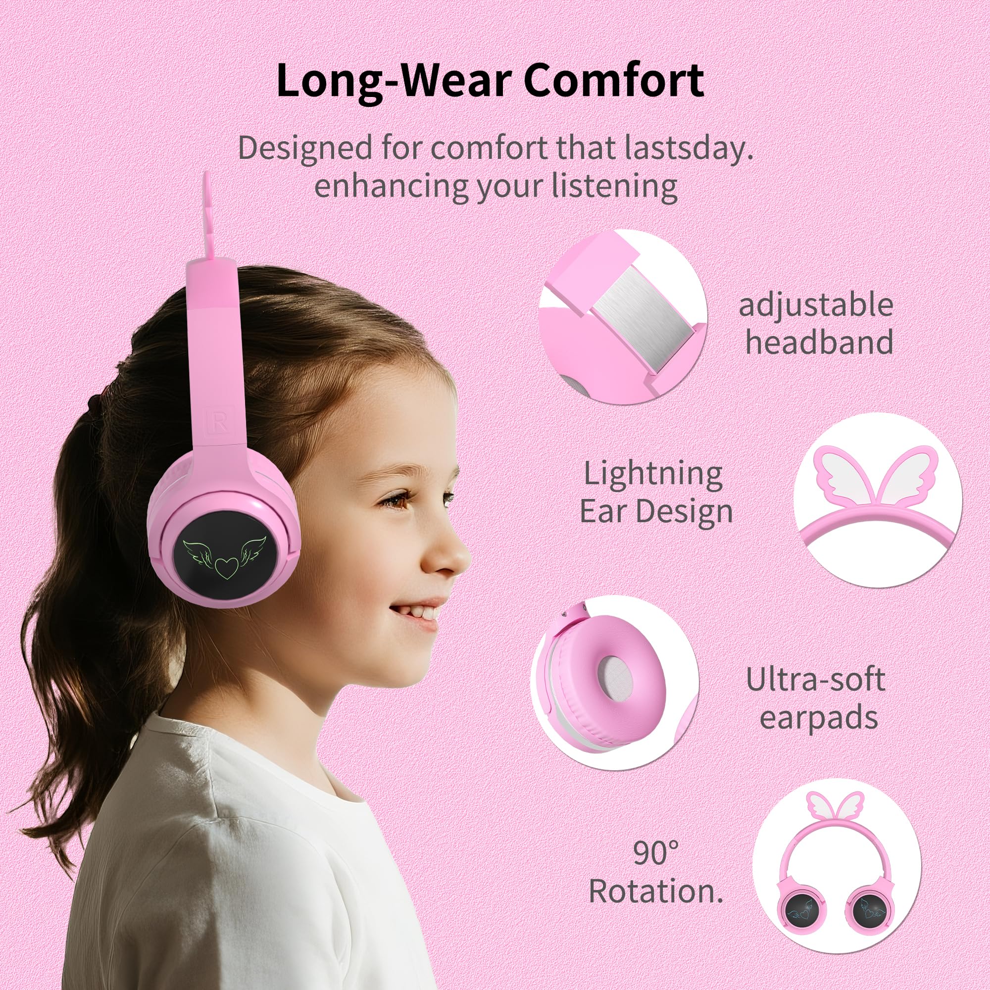 Cuffie wireless per bambini, volume limitato 85 dB, luci LED, batteria 40H, farfalla rosa
