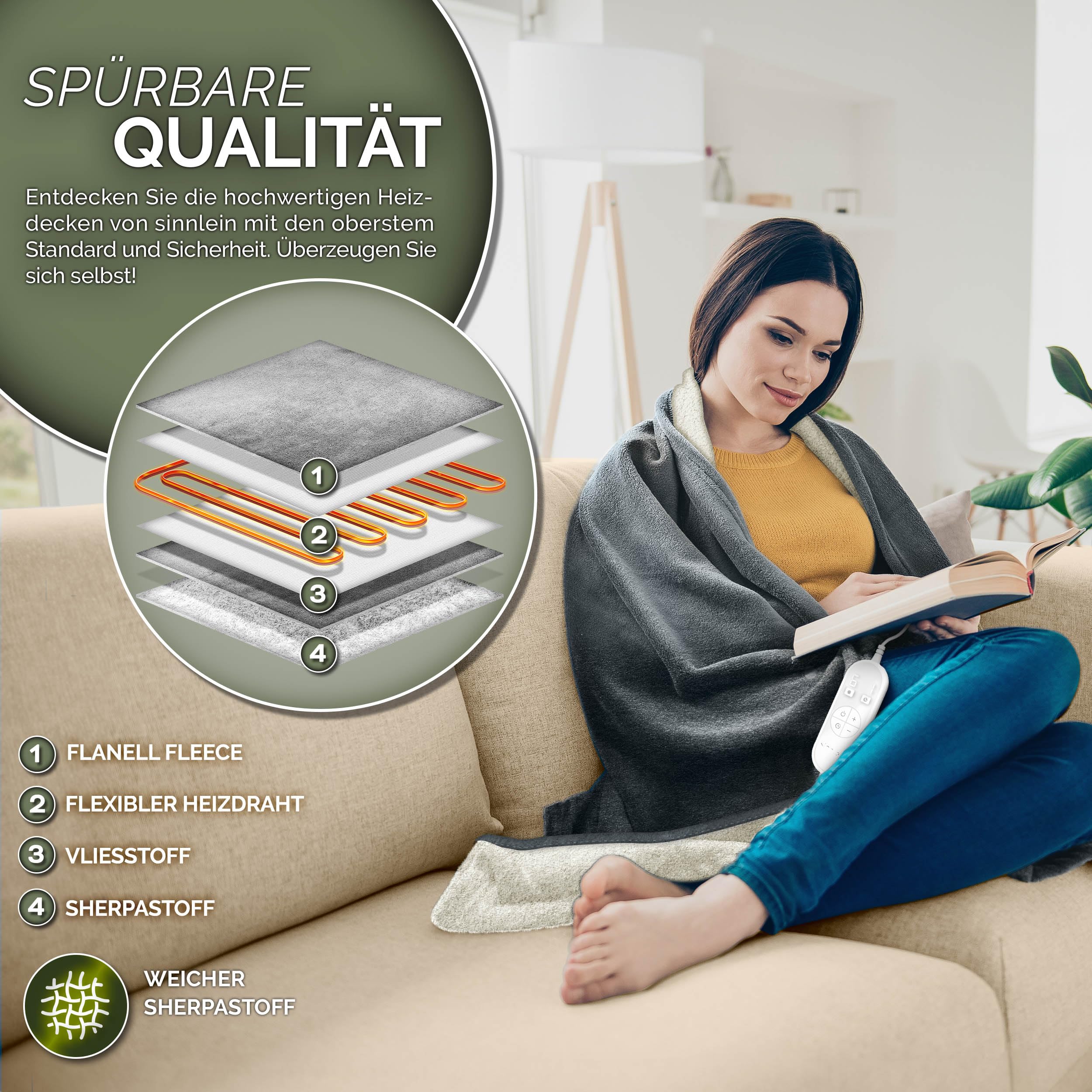 sinnlein® Heizdecke mit Abschaltautomatik 200 x 180 cm | Elektrische Wärmedecke mit 9 Temperaturstufen | Kuscheldecke Bett, Sofa | Decke elektrisch mit Timer Digitalanzeige