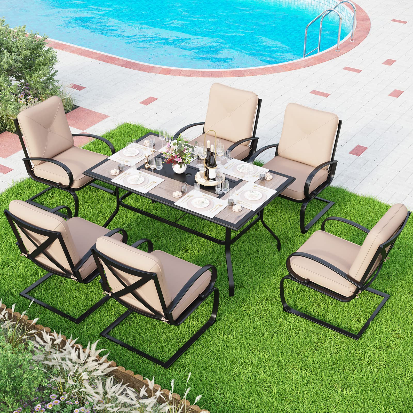 MFSTUDIO 7PCS Outdoor Patio Dining Table Set, 6 Spring Motion Chairs, 1 Rectangular Table Woodlike Top with 1.57" Umbrella Hole, Lawn Backyard Garden Furniture Sets, Beige