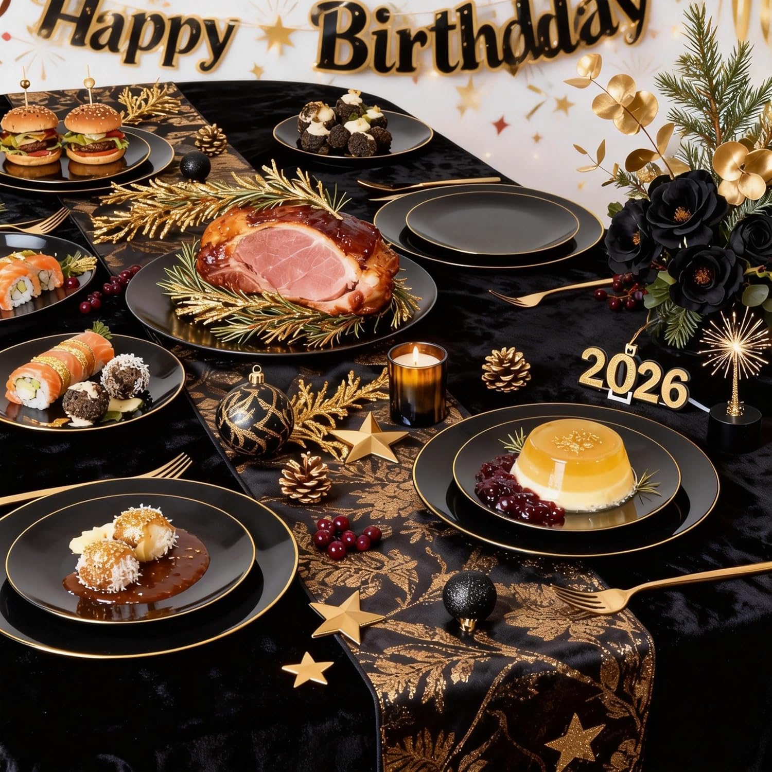 I00000 150Pcs Black Plastic Plates, Black Disposable Plates, Heavy Duty black plates for 30 Guests,Plastic Dinnerware Set Include 30 Dinner Plate,30 Dessert Plate,90 Gold Cutlery Set for Party - Image 6