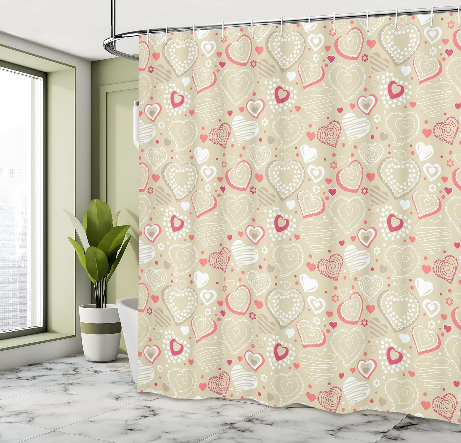 Ambesonne Valentines Shower Curtain, Doodle Style Abstract Heart Shapes with Love and Affection Theme, Cloth Fabric Bathroom Decor Set with Hooks, 69" W x 75" L, Beige Dark Coral White