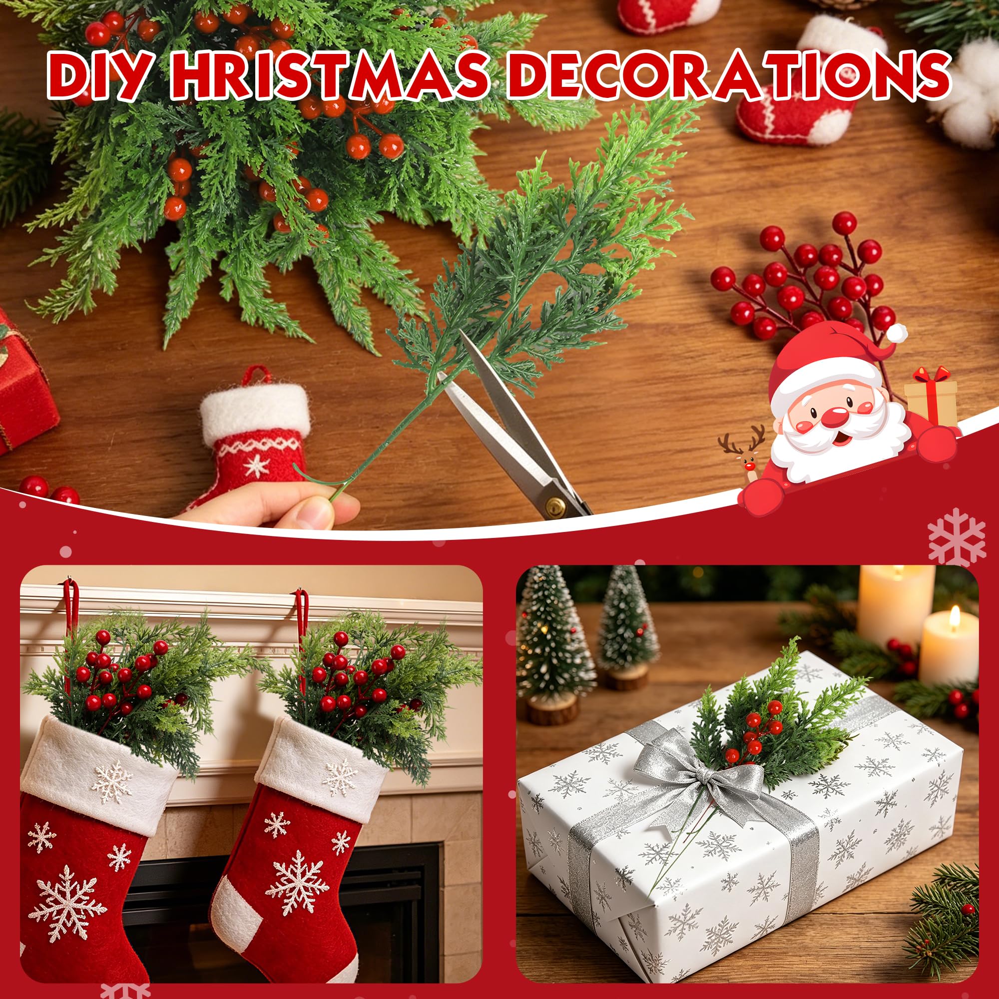 WISELIFE Weihnachtsgrün mit Beerenstielen für Weihnachtsdekorationen im Innenbereich, kurze Tannenzweige und Weihnachtsspieße für Kränze, Tischdekoration und Vasenarrangements, 45 Stück