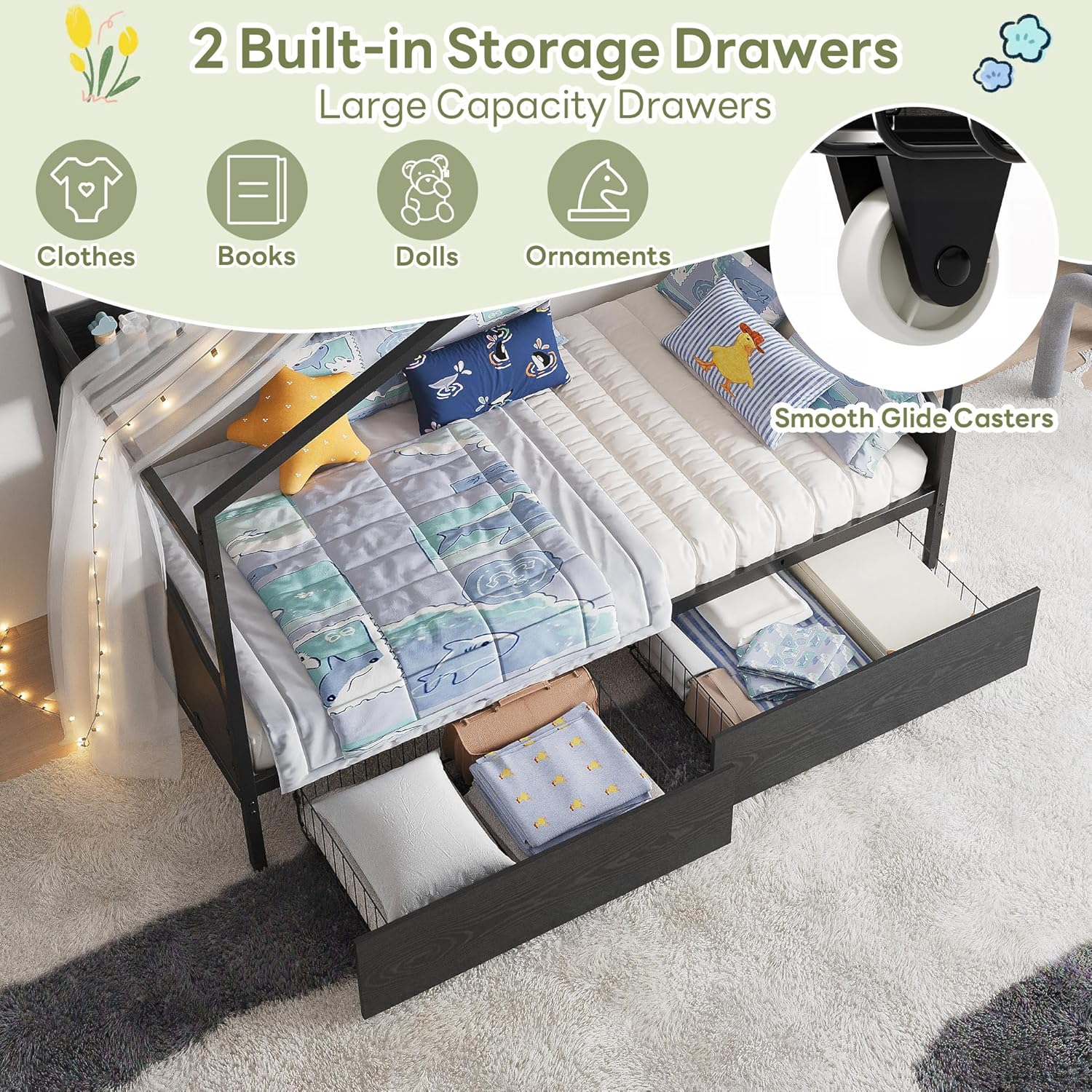 LIKIMIO Twin Bed Frame with 2 Storage Drawers, DIY House Bed with Bookshelf & Curved Headboard & Footboard, Twin Corner Bed Frames for Bedroom, No Box Spring Needed, Black