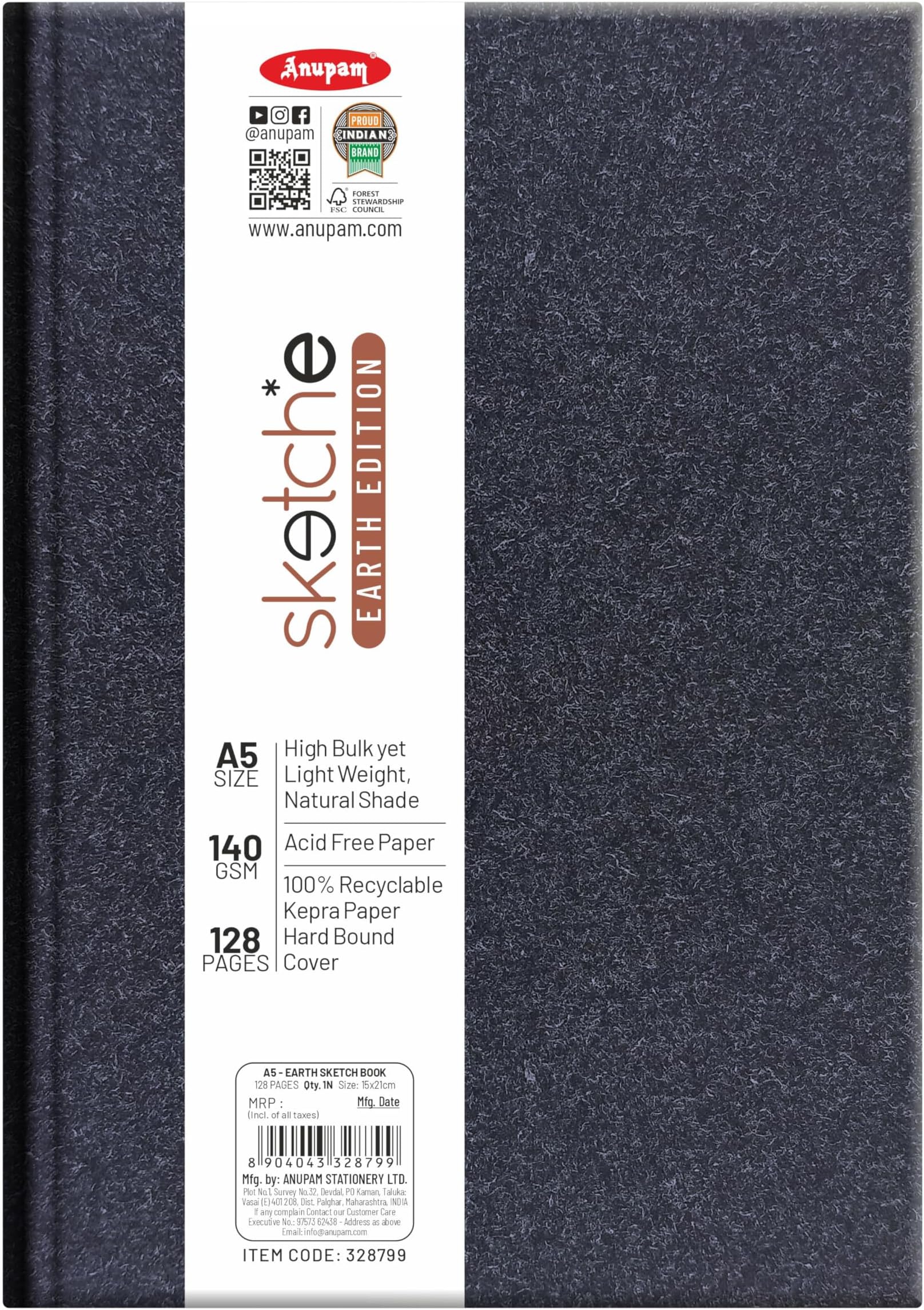 Earth Sketche Drawing Book A5 | 100% Recycled Hardbound Cove Book | 140 GSM | Acid Free 65 Sheets / 128 Pages | Drawing Sketchbook for Artists and Students | for Dry Techniques