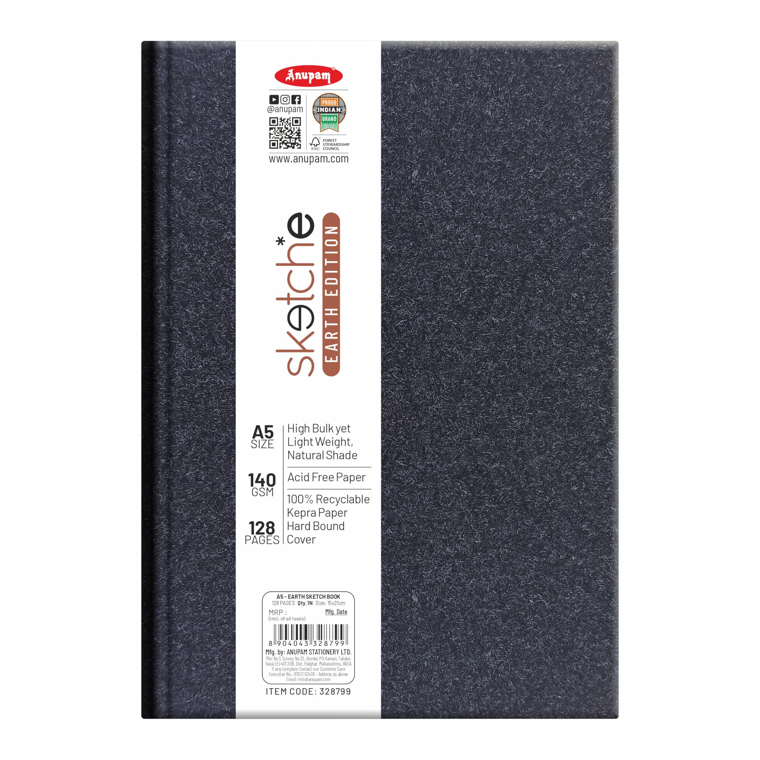 Anupam Earth Sketche Drawing Book A5 | 100% Recycled Hardbound Cove Book | 140 GSM | Acid Free 65 Sheets / 128 Pages | Drawing Sketchbook for Artists and Students | for Dry Techniques