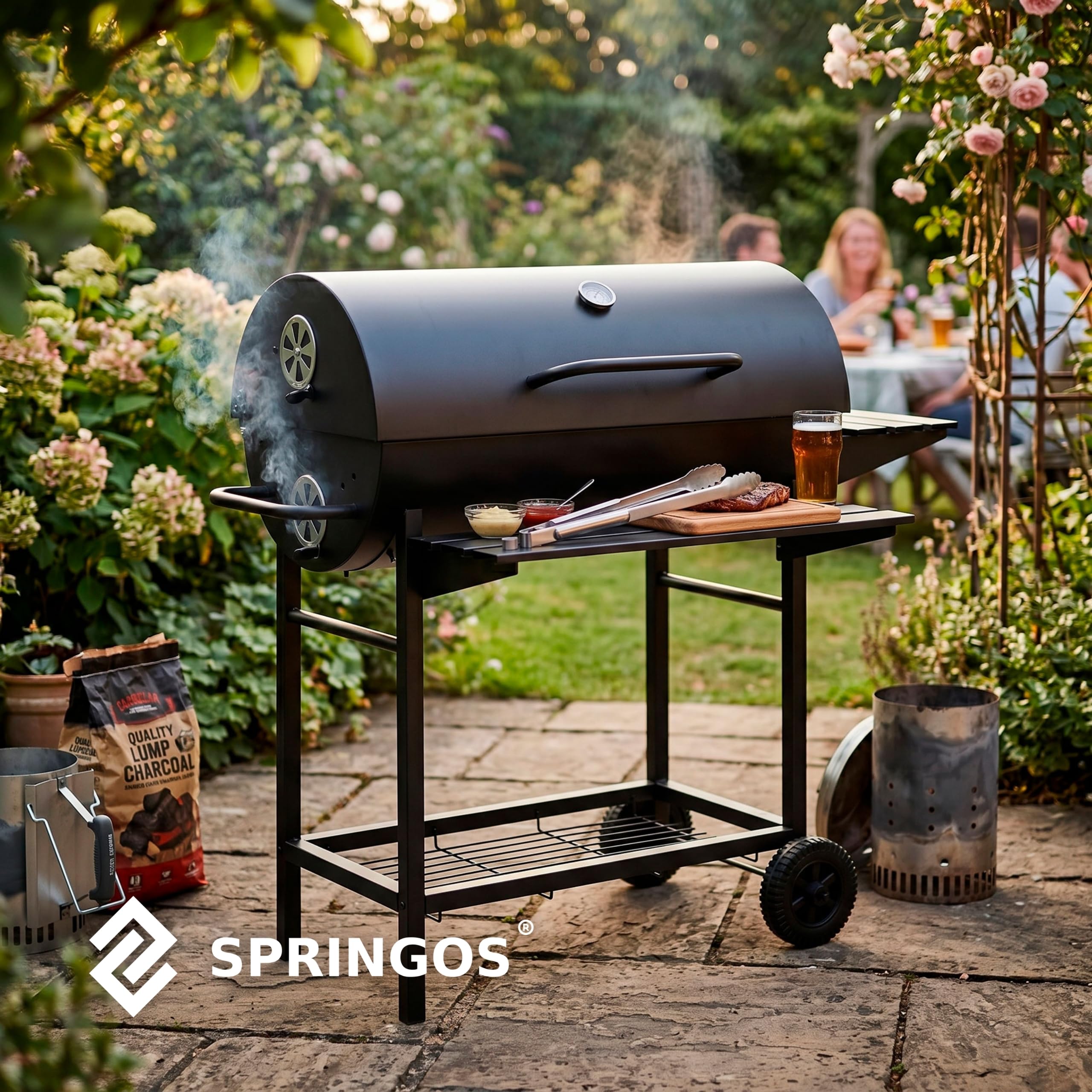 Springos Barbacoa de carbón vegetal con ruedas, bandeja de carbón ajustable en altura, termómetro, rejilla para calentar el calor, estantes laterales, barbacoa, ahumador, barbacoa de jardín para