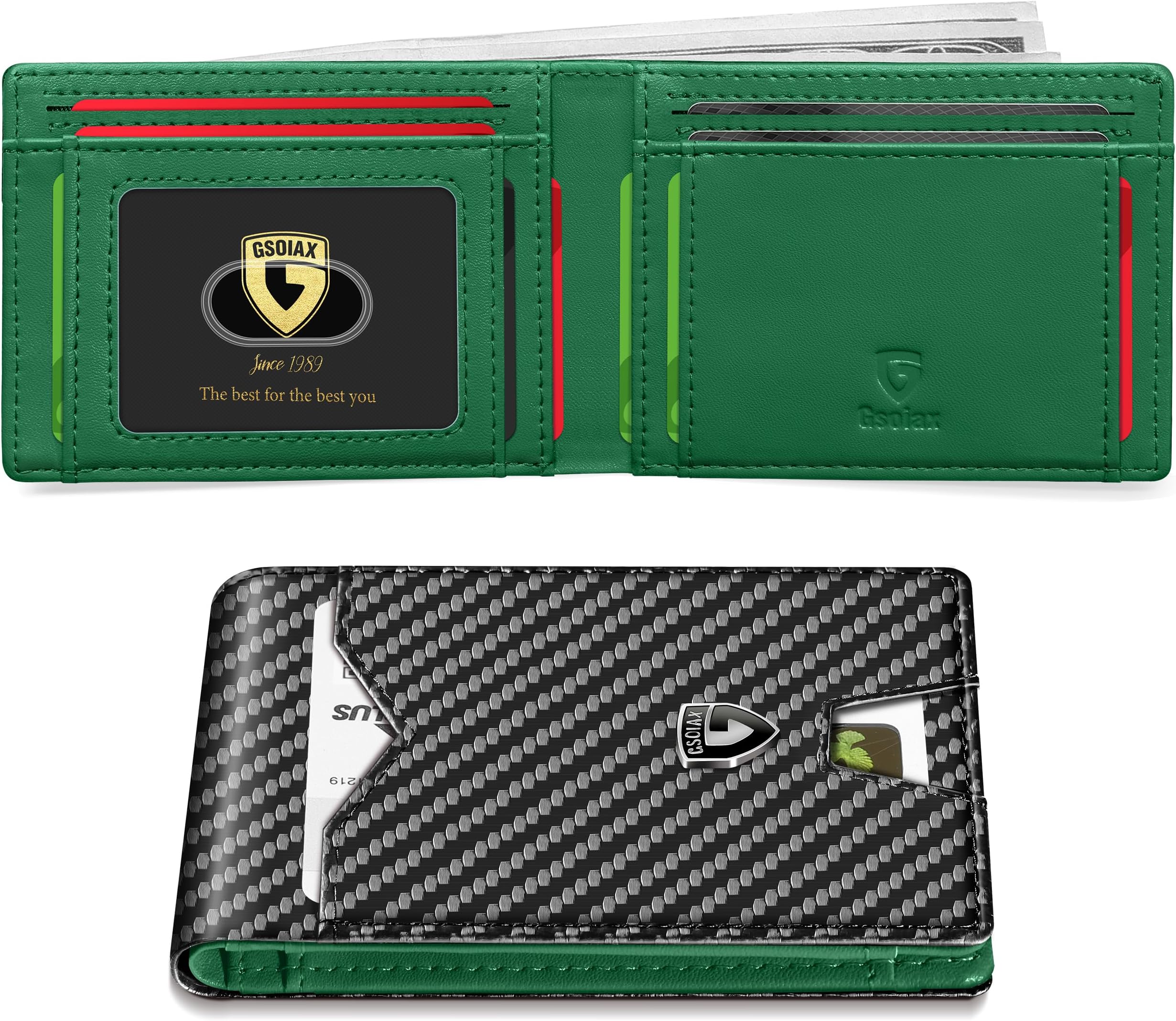 Slim Wallet for Men Rfid Blocking Leather Bifold Front Pocket Carbon Fiber Credit Card Holder Novelty Wallets With Gift Box (Green and Carbon Black)