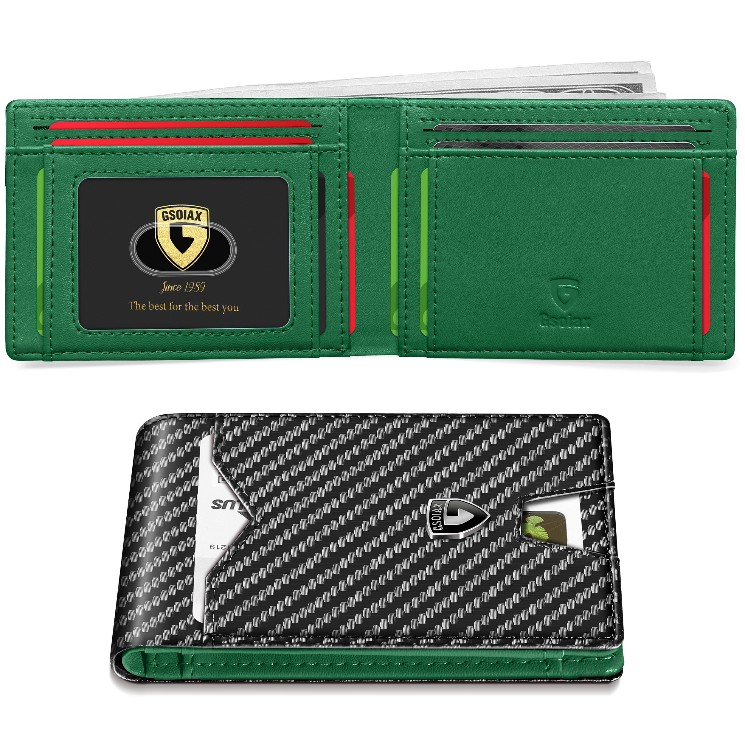 GSOIAXMens Slim Wallet for Men Minimalist Genuine Leather Carbon Fiber Rfid Blocking Bifold Credit Card Holder With Gift Box (Green and Carbon Black)