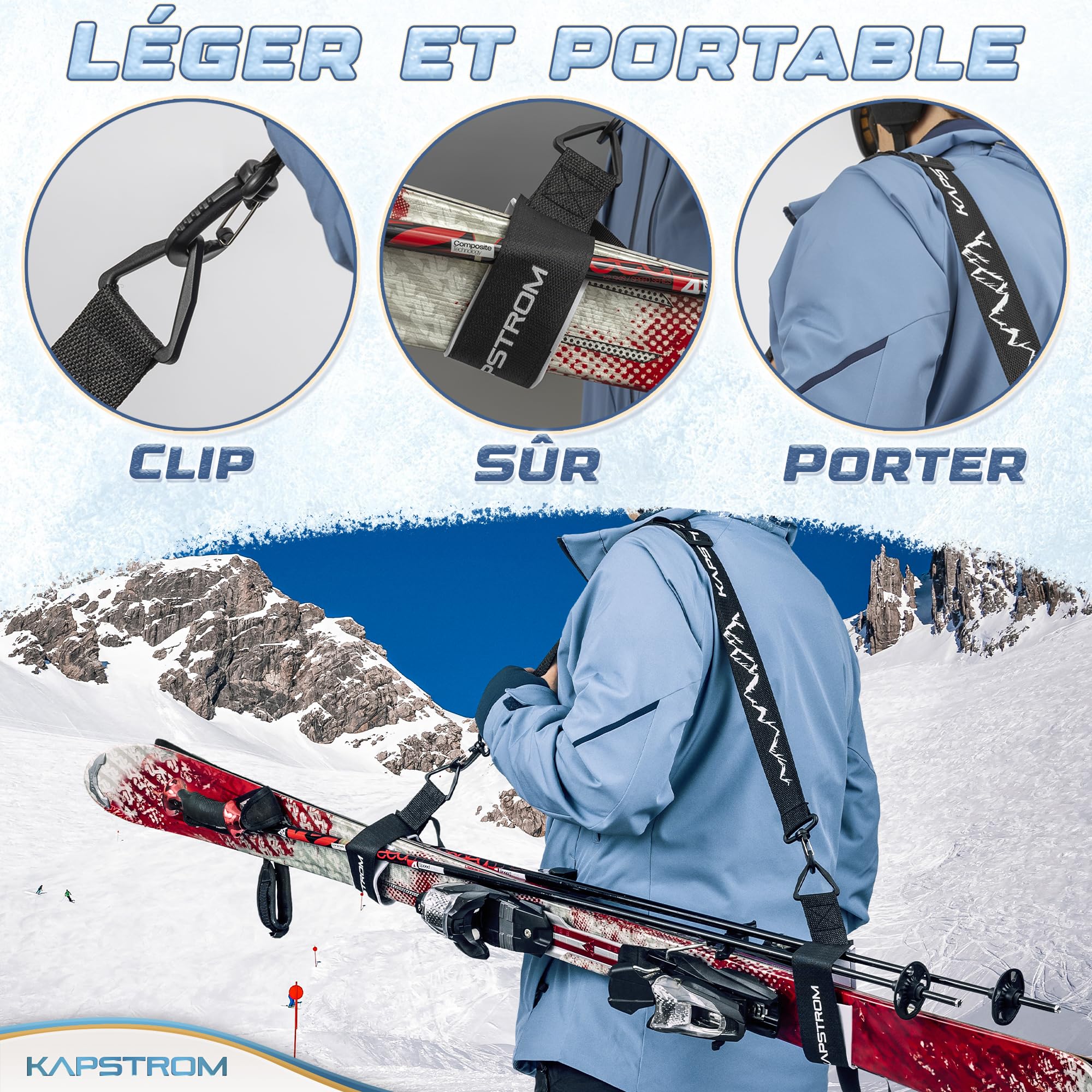 Sangles de Ski et Porte-bâtons – Noir – Durable avec Longueur de Sangle réglable et bandoulière rembourrée