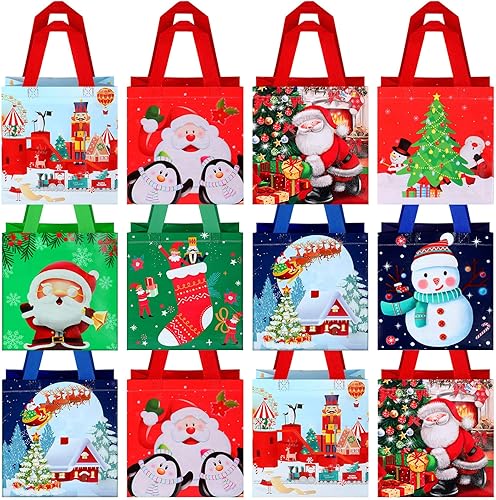 Paquete de 12 bolsas de Navidad con asas, impermeables, reutilizables, para compras, multifuncionales, no tejidas, para aula, Navidad, fiestas,