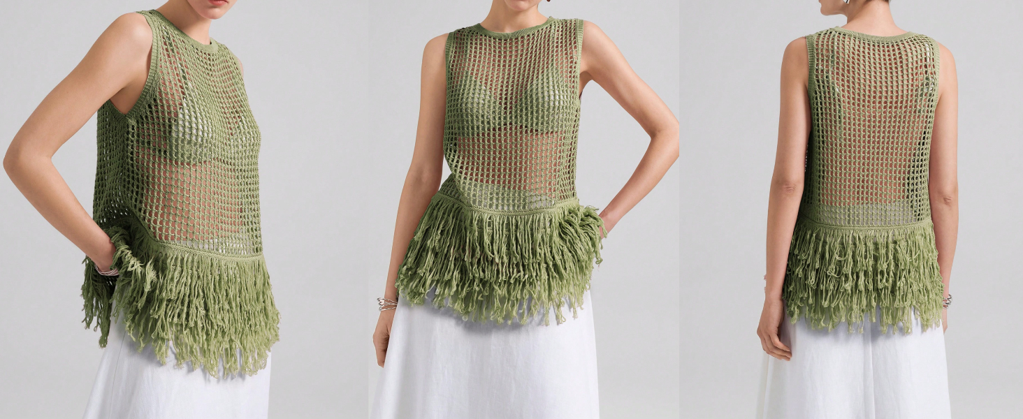 Milumia Women's Fringe Vests Summer Crochet Hollow Out Tank Tops