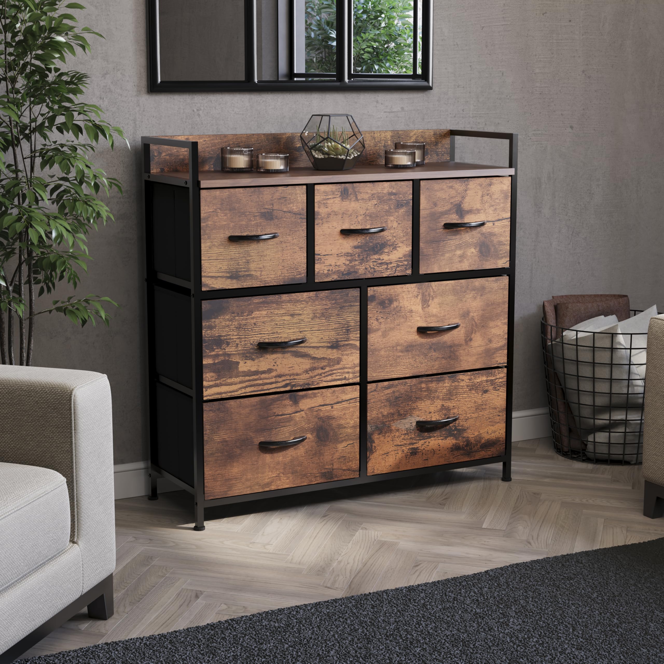 Vida Designs Chorley 7 Drawer Chest Of Drawers Fabric Storage Organizer Unit With Wood Top, Metal Frame & Handles - Ideal For Bedroom, Living Room, Nursery - Rustic Brown