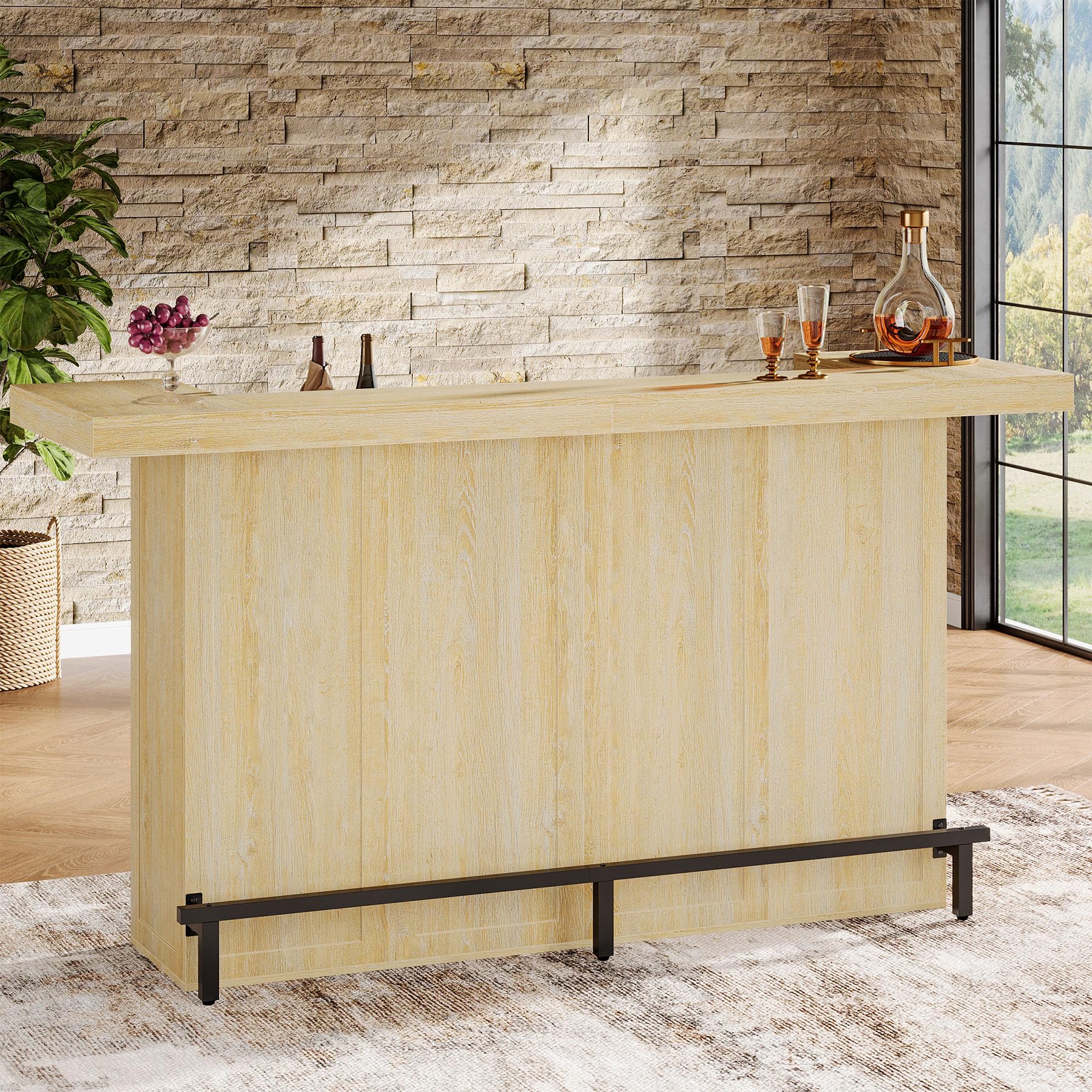 Photo 1 of *** MINOR DAMAGE*** Tribesigns 4-Tier Bar Table, 70.9-Inch Large Wooden Home Bar Unit with Wine Glass Holder and Black Footrest, Pub Table with Storage Shelves for Home, Patio, Basement, Oak
