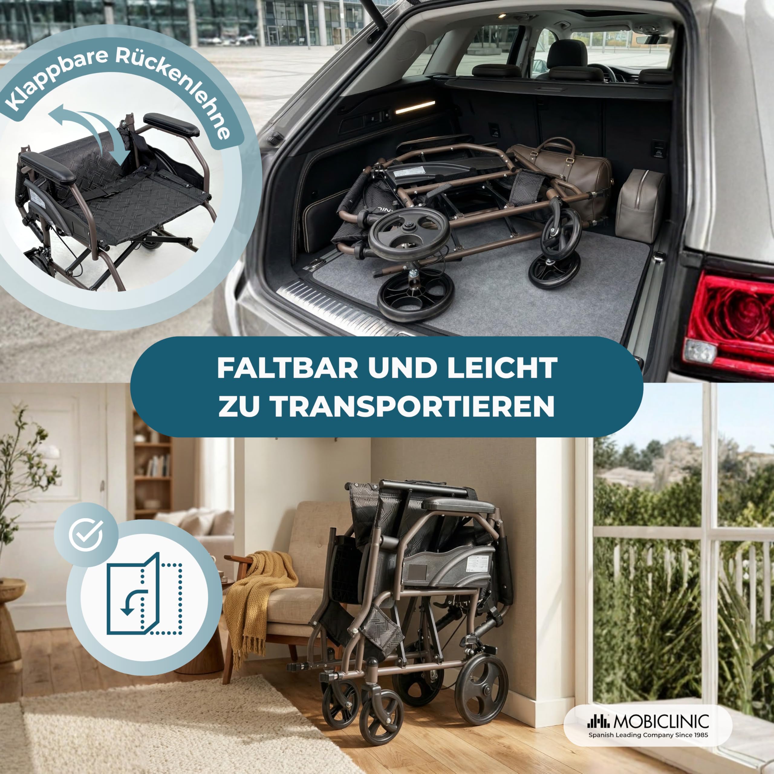 Mobiclinic®, Faltbarer Rollstuhl, mit klappbarer Rückenlehne und Fußstützen, Doppel Bremssystem, Gepolsterten Armlehnen, Stahlrahmen, Leicht und Kompakt, Kefren