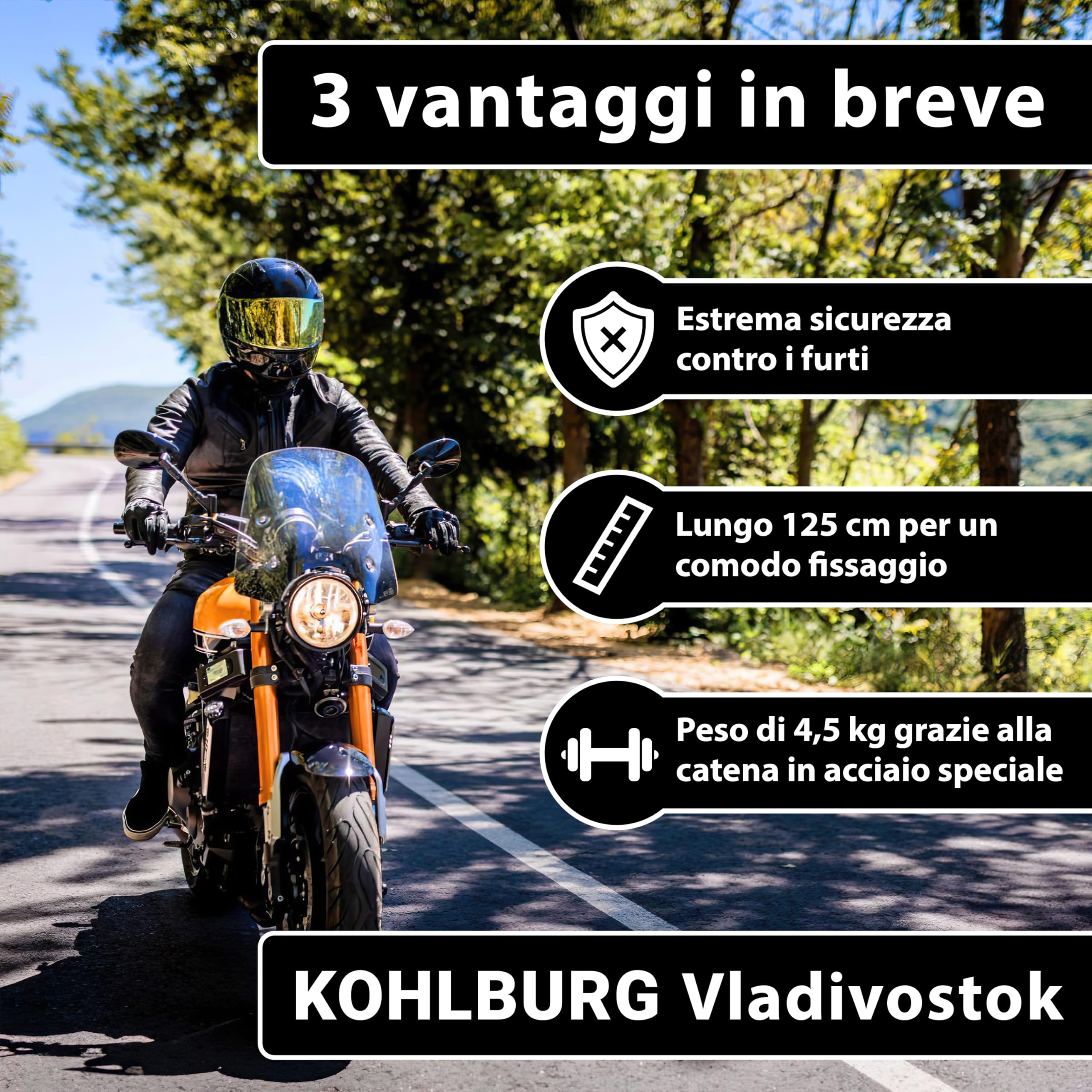 KOHLBURG Antifurto a catena ultraresistente 125 cm [Resiste ai tagliabulloni] – Livello di sicurezza massimo 15 – Per moto, scooter, bici elettrica & bicicletta – Antifurto ad alta sicurezza