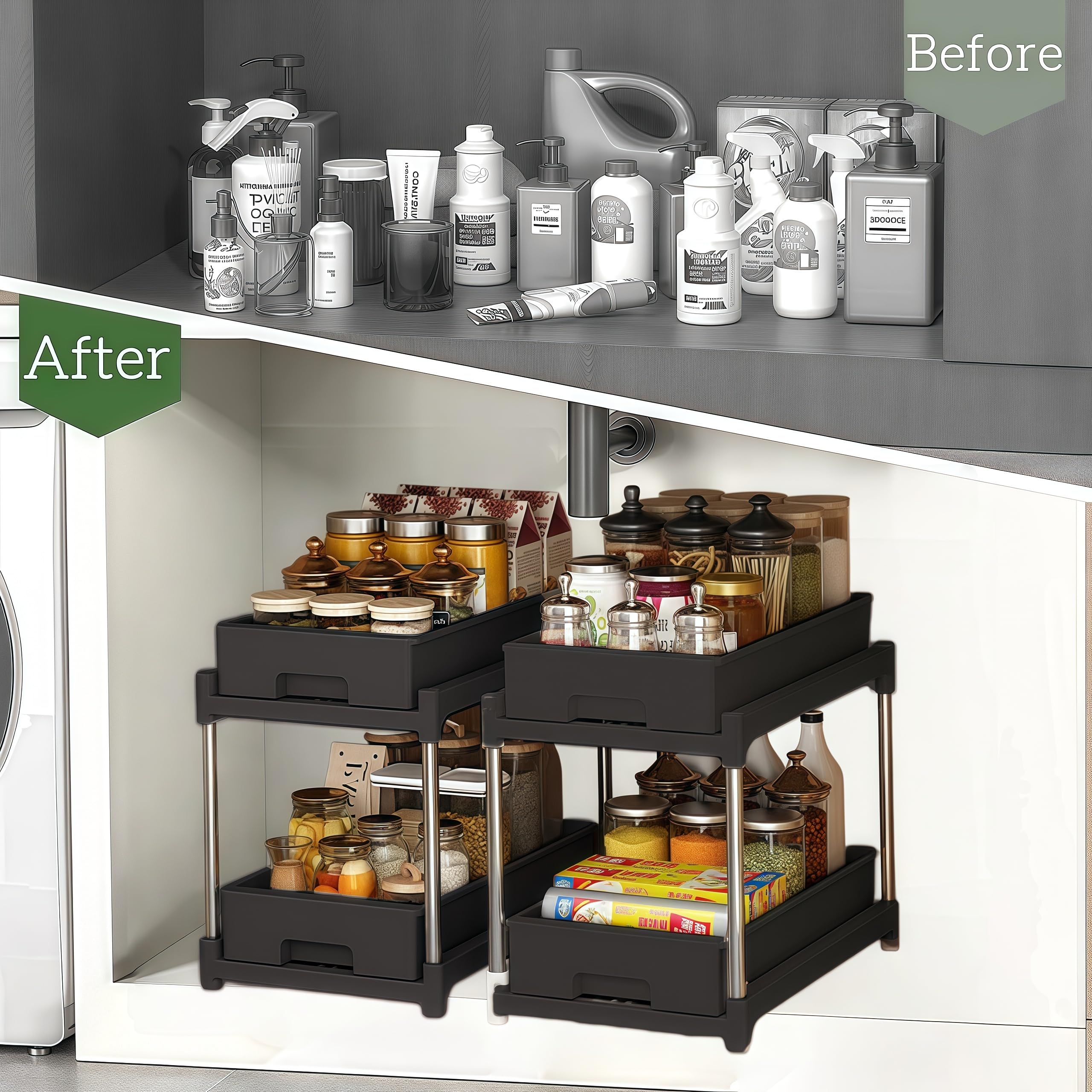 Tinyuet Estantería Bajo Fregadero, Organizador de 2 Niveles Extraíble para Bajo Fregadero - Cocina, Baño y Hogar - Negro - 1 Unidad