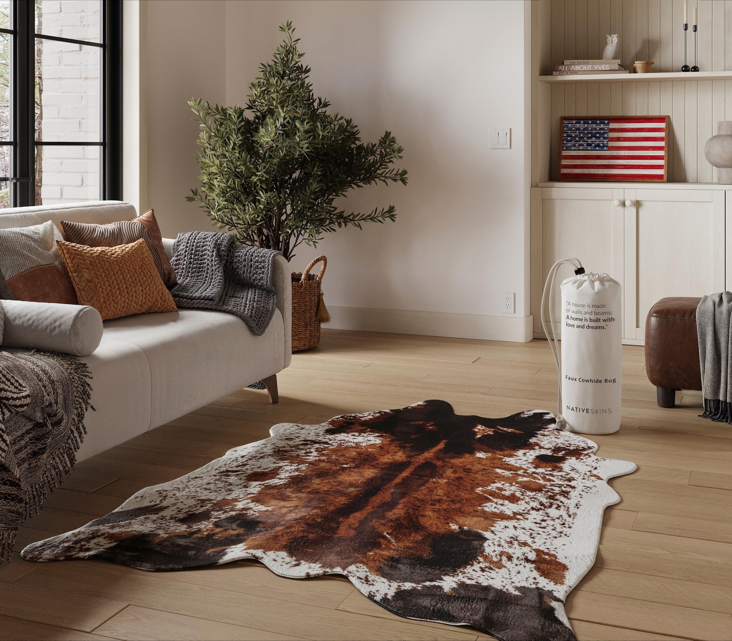 NativeSkins Faux Cowhide Rug – Original Brown (Large) | 4'7" x 6'7" | Triple-Layer Support | Ultra-Soft Pile | Hand-Cut, Faux Suede No-Slip Backing | Western Rug | Cow Hide Animal Print