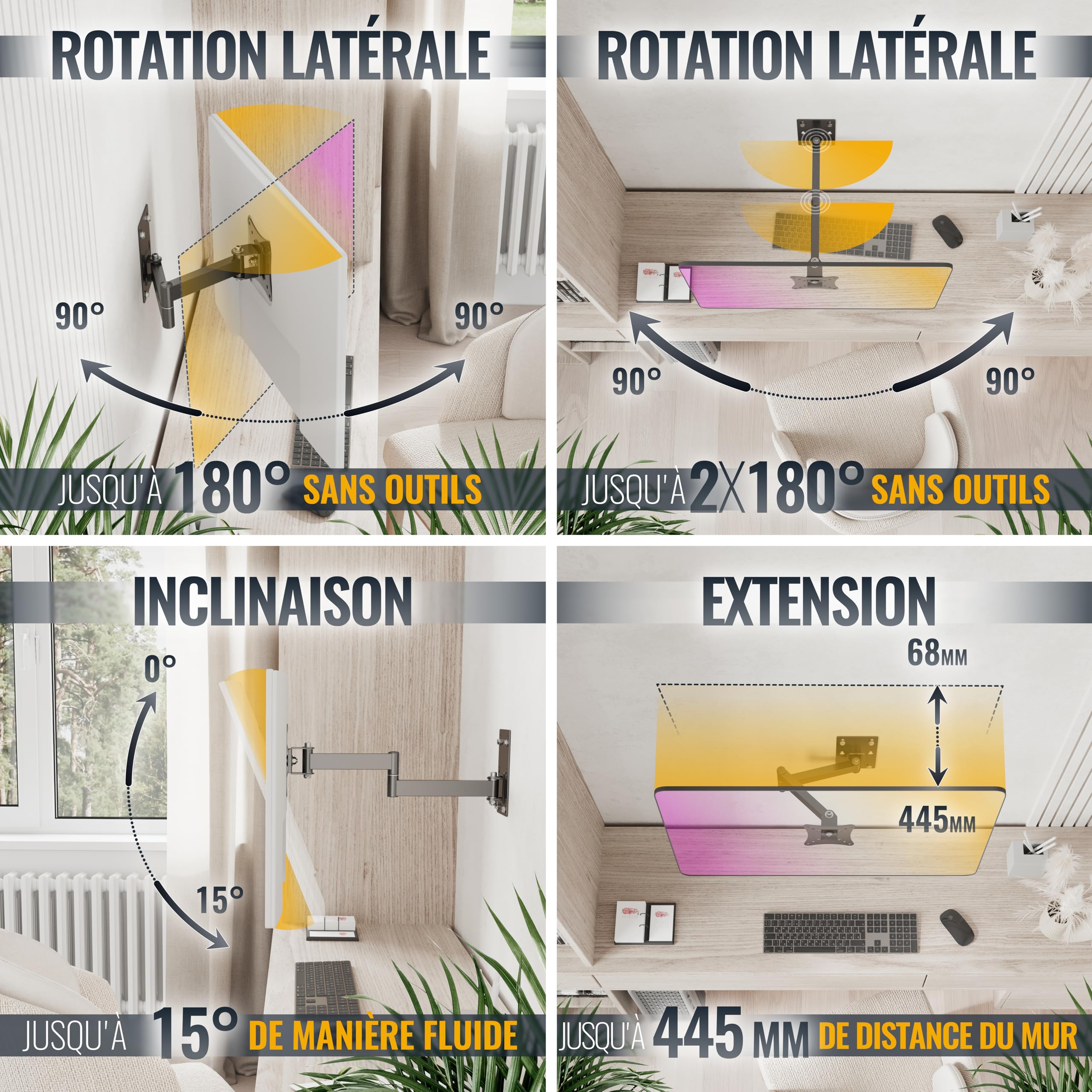RICOO R02-11 Support Écran PC TV Mural 13 17 19 22 24 27 28 32 34 Pouces Supprot Mural VESA 50x50 75x75 100x100 Max 20 Kg Orientable Inclinable Fixation Moniteur Bras pour Moniteurs | Support TV mural orientable VESA 75 x 75 100 x 100 - Support d'écran in