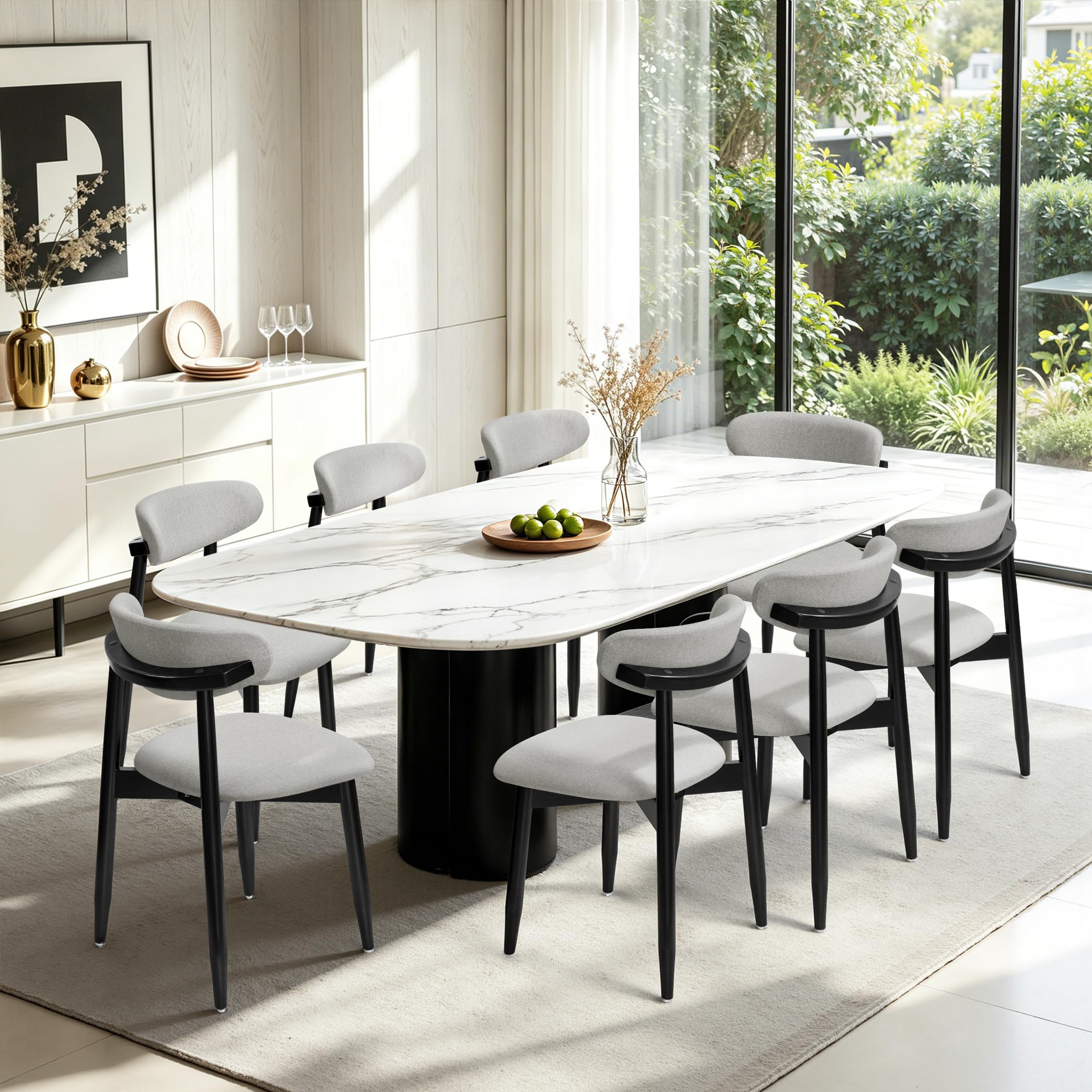CHUN YI Dining Chairs Set of 8, Upholstered Solid Wood Dining Room Chairs, Mid Century Modern Fabric Kitchen Chairs with Ergonomic Curved Back, Gray (Only Chairs)