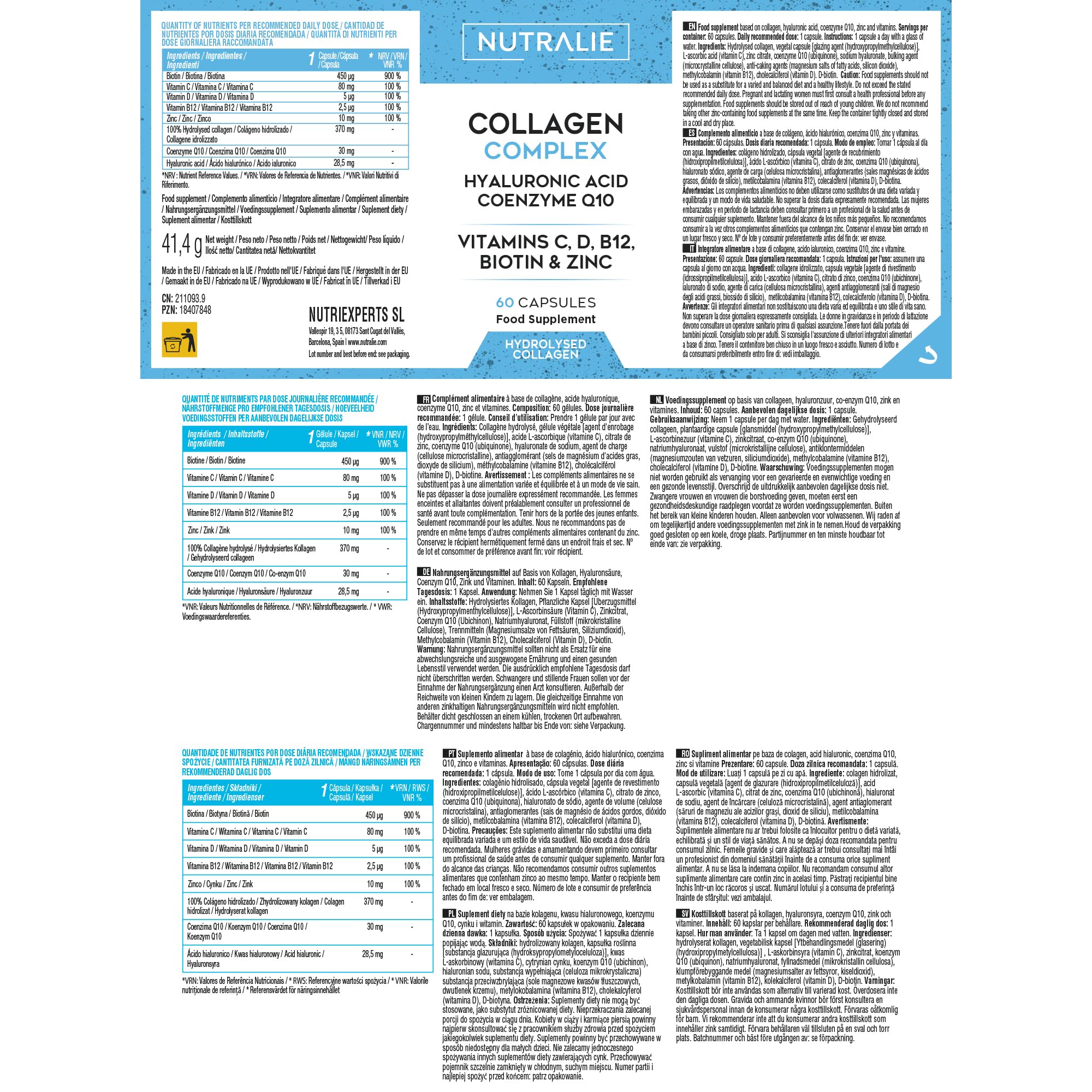 Colágeno Ácido Hialurónico - Hidrolizado + Biotina + Q10 - Piel Cartílago - Vit C D B12 y Zinc - Collagen Complex - 60 Cápsulas Nutralie