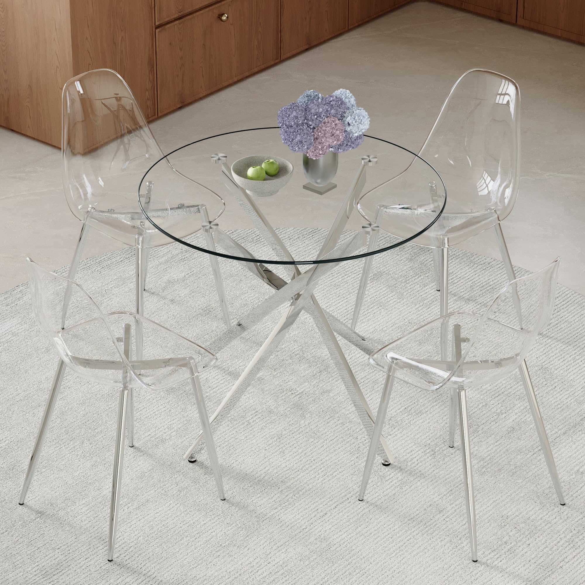 Muskel Moderno tavolo da pranzo rotondo in vetro con 4 sedie, tavolo da 88 cm, in plastica trasparente, per 4 persone, sala da pranzo, set da 4 pezzi, per piccola cucina, argento