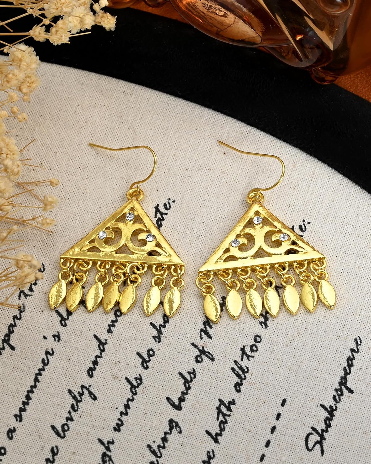 14K Gold Plated Triangle Filigree Tassel Bohemian Geometric Dangle and Drop Vintage CZ Earrings for Women with Cubic Zirconia Stone and Fringe Earrings - Image 6