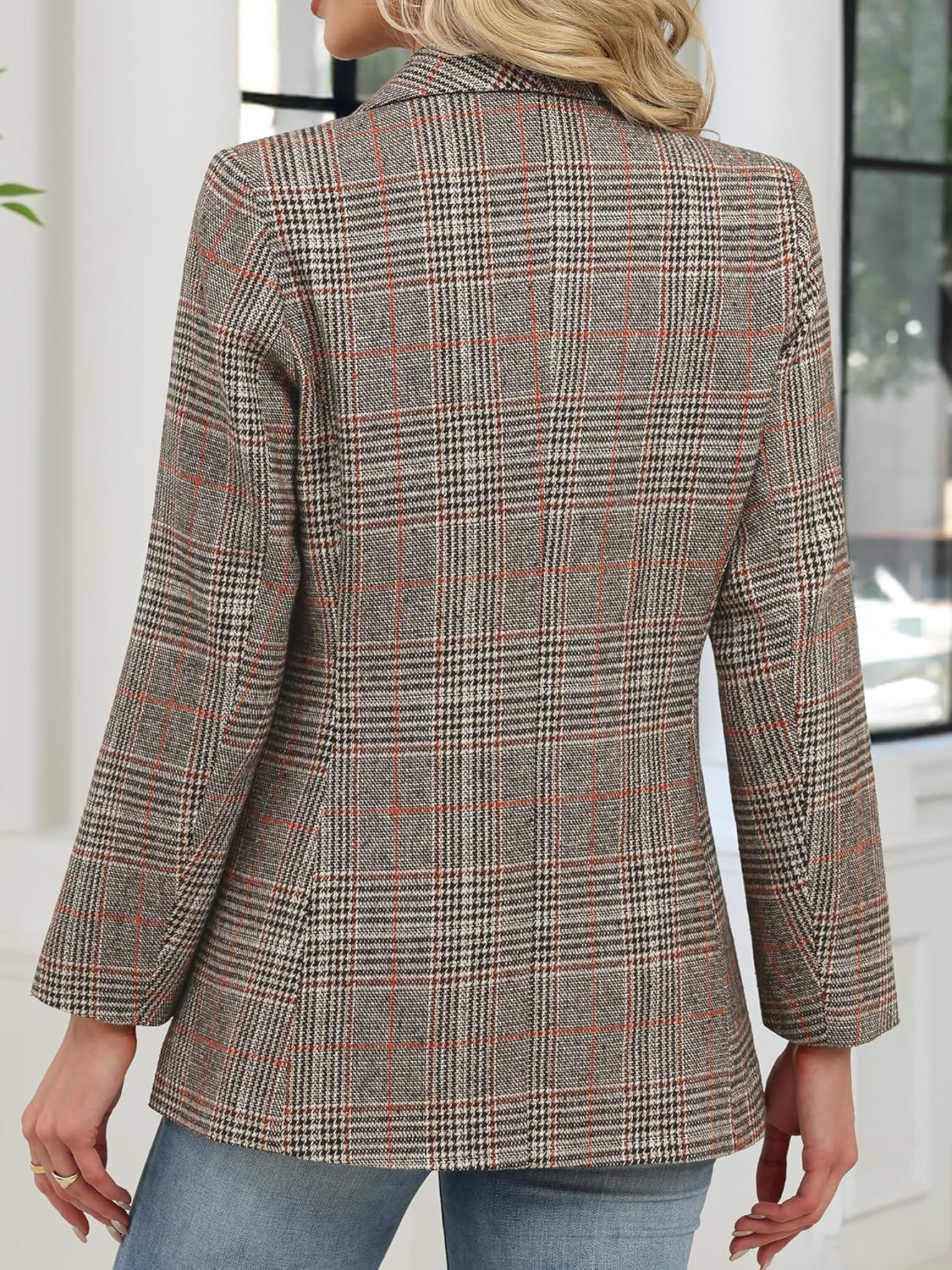 ELLEVEN Women's Shawl Collar Plaid Boyfriend Blazer,Business Casual Open Front Houndstooth Work Office Suit Jackets - Image 2