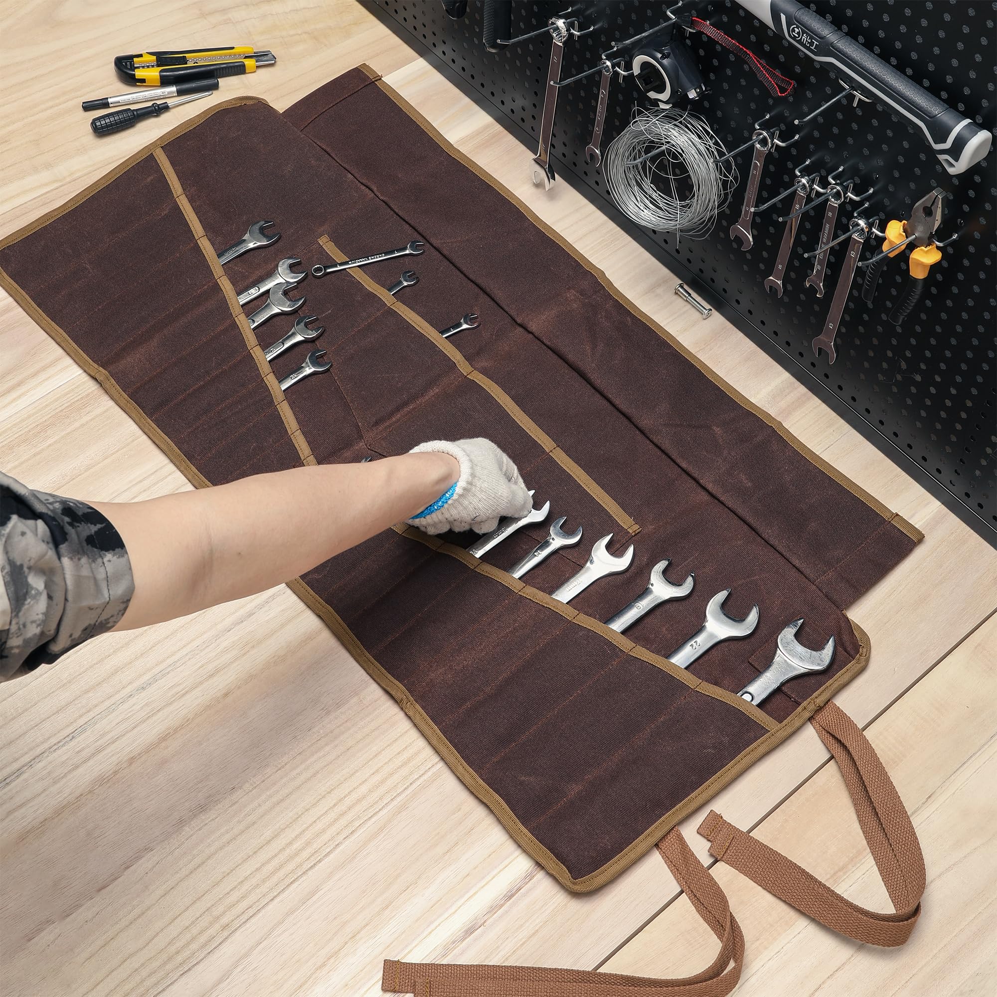 Schraubenschlüsselrolle mit 20 + 4 Werkzeugtaschen, nachhaltige, gewachste Canvas-Werkzeugtasche für metrische und SAE, Mehrzweck-Schraubenschlüssel-Set, Aufbewahrungstasche, Braun