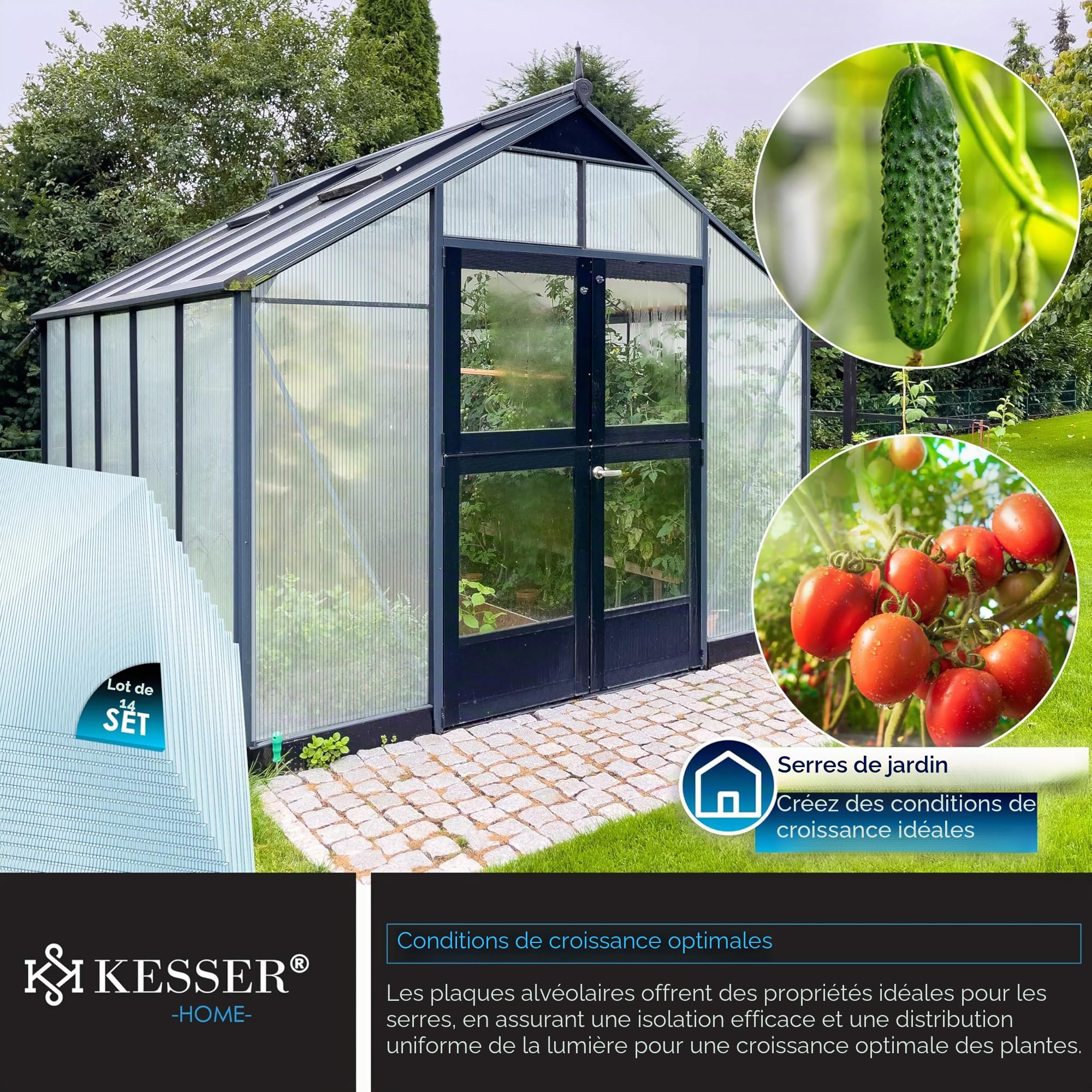 KESSER® 14 Plaques alvéolaires en Polycarbonate 4 mm | Panneau alvéolaire Double de 10,25 m², 121 x 60,5 cm
