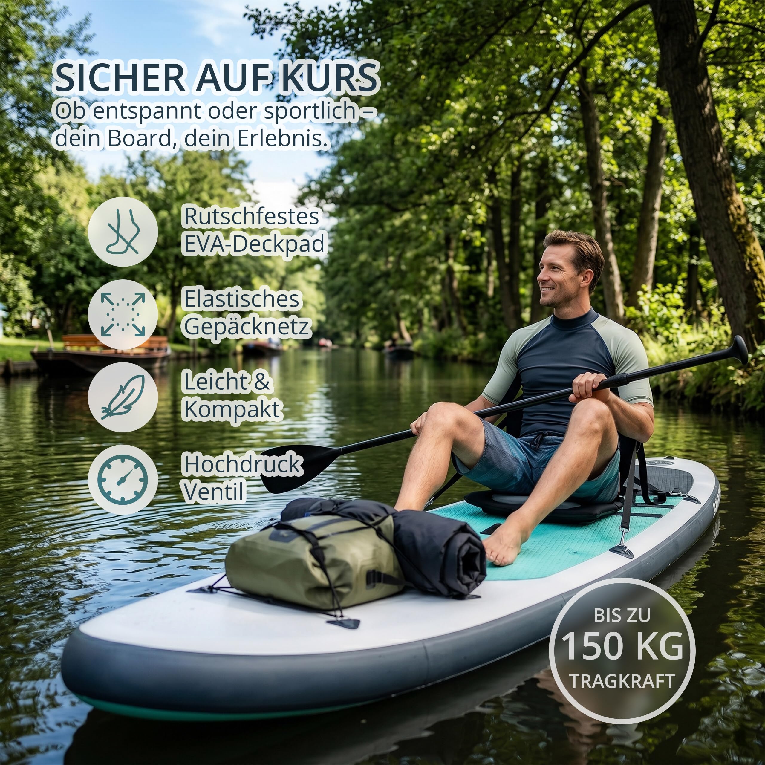 Relaxdays SUP Board, mit Sitz, aufblasbar, Mehrfarbig | Set mit Paddel & Pumpe, Paddelbrett, 150 kg, HBT: 15x80x320 cm