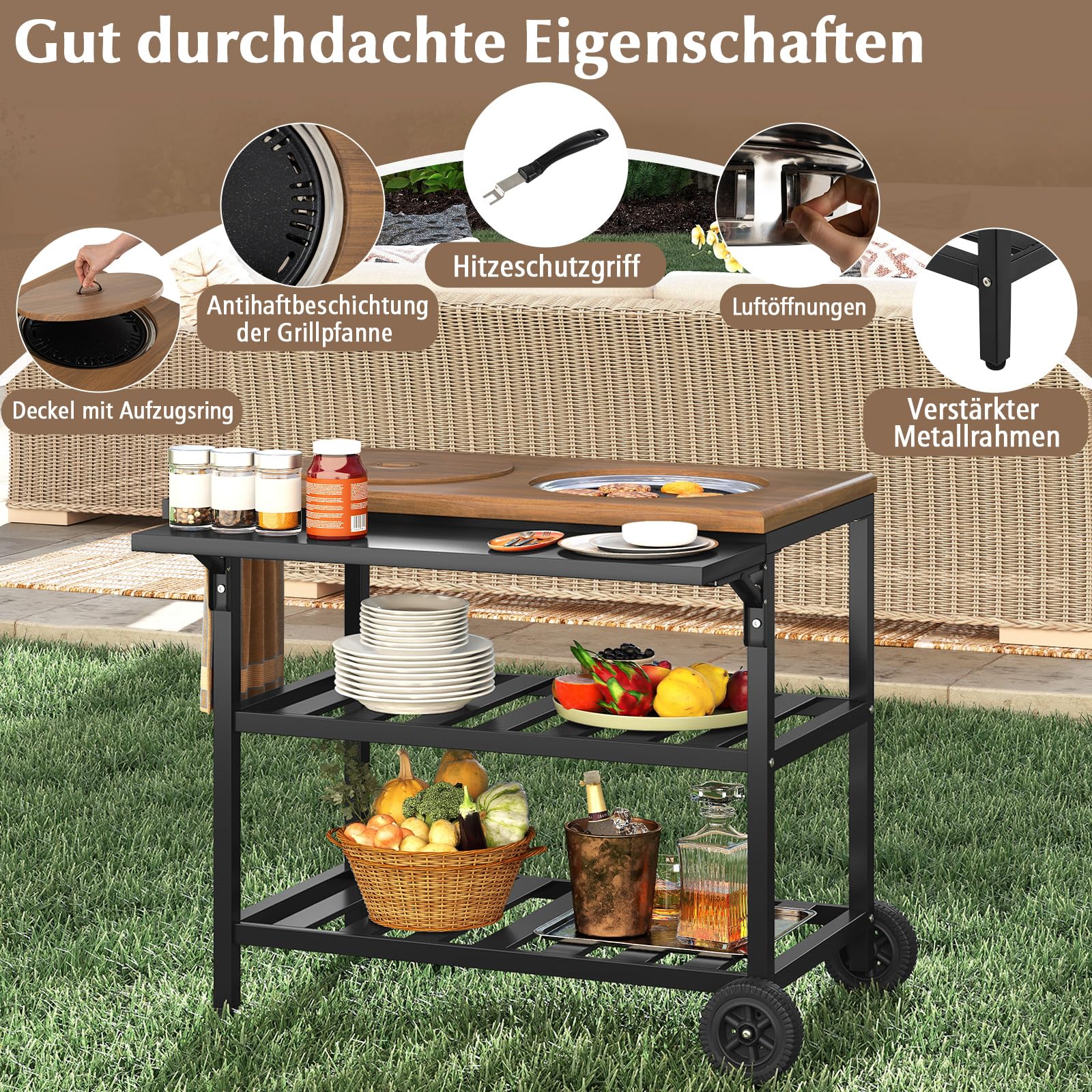 COSTWAY Grillwagen Outdoor, Grilltisch auf Rollen, Servierwagen mit Holzkohlegrill, klappbarem Seitentisch, Arbeitsfläche Holzoptik & 2 Ablagen, Metall, für BBQ Garten Terrasse, 94,5x75x78,5 cm, Braun