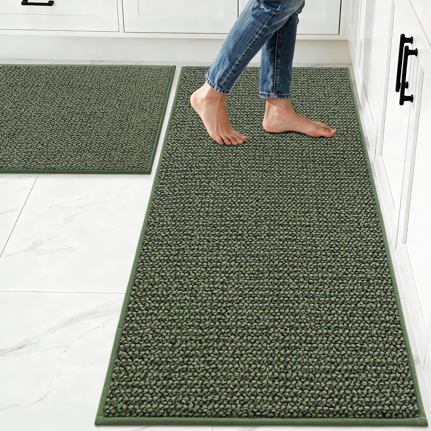 JSEI Kitchen Rugs and Mats, 2PCS Non-Slip Kitchen Mats for Floor, Machine Washable Absorbent and Stain Resistant Kitchen Runner, Carpet Mats with TPR Backing for, 24''x36''+24''x60'', Green