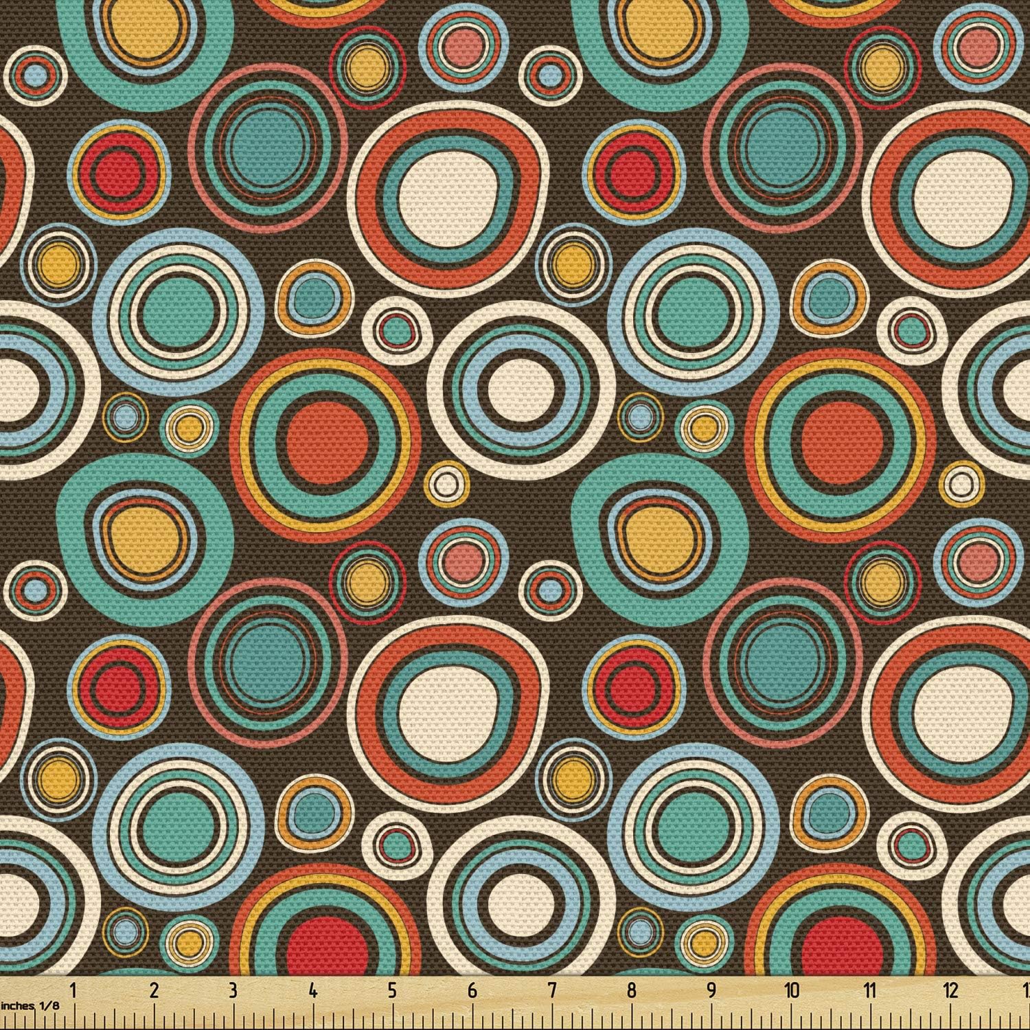 Lunarable Retro Fabric by The Yard, Vintage Style Round Shapes Colorful Bullseye Circles Pattern on Dark Brown Background, Decorative Fabric for Upholstery and Home Accents, 1 Yard, Teal Vermilion