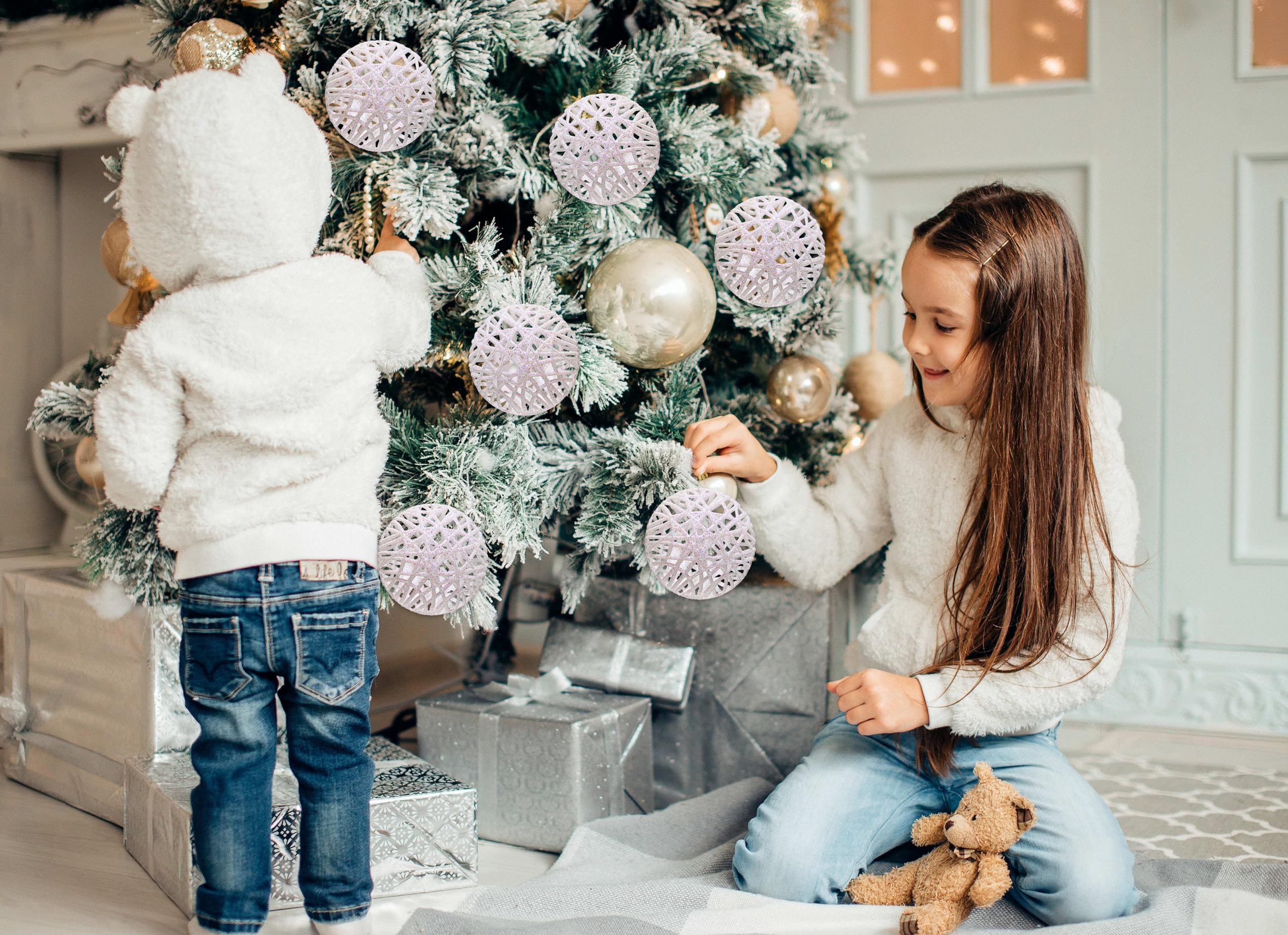 Christmas Traditions Adornos de bola de ratán blanco iridiscente con purpurina de 4 pulgadas (juego de 6) (blanco iridiscente), tamaño grande