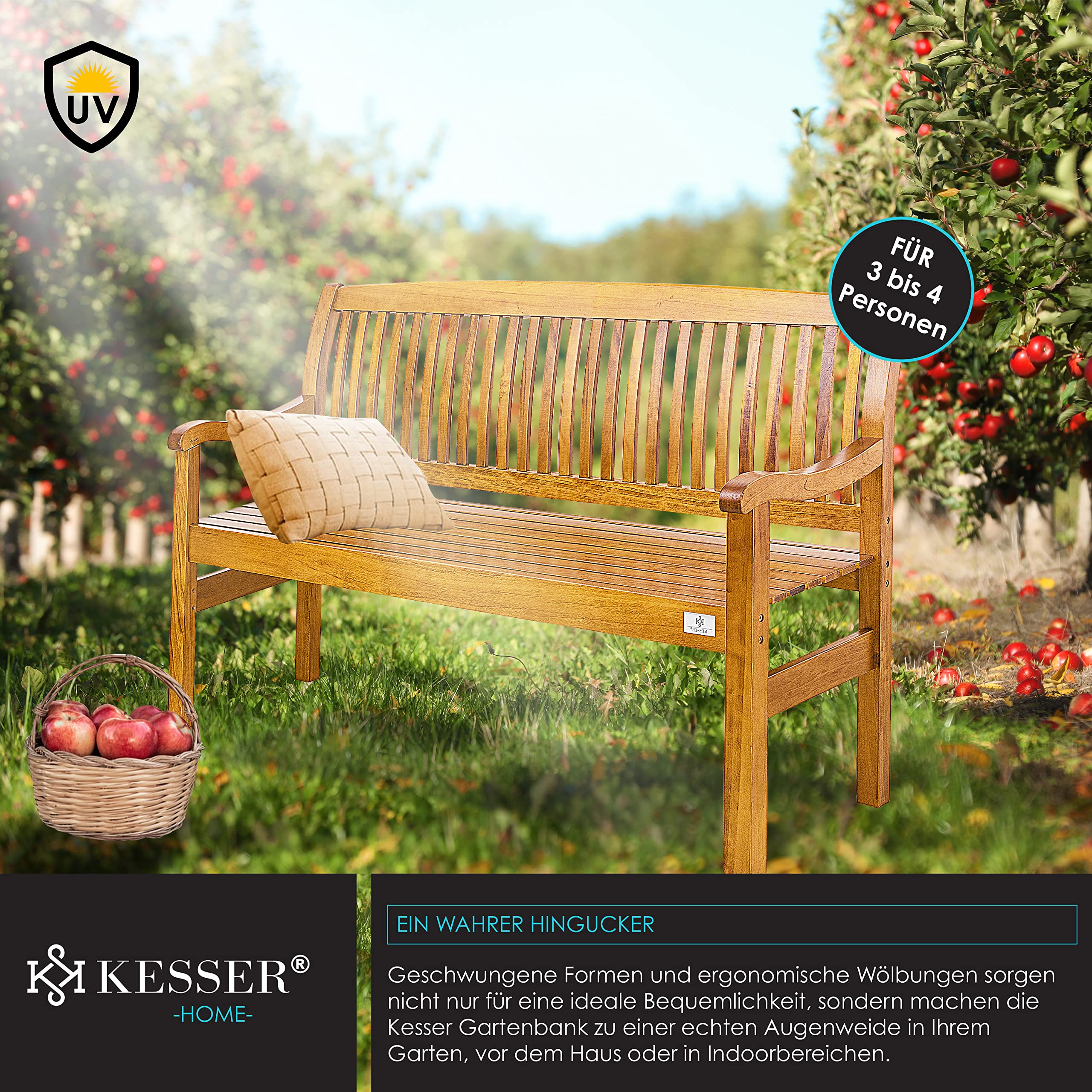 KESSER® Gartenbank Holz Holzbank wetterfest | Für 3 bis 4 Personen | Parkbank aus Massivholz | Sitzbank 320 kg belastbar 150 cm | Balkonbank Bank für Balkon Terrasse & Garten inkl. Cover Hellbraun