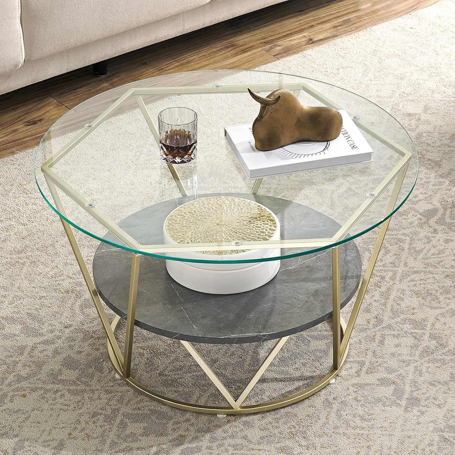 MKJLWO Round Glass Gold Coffee Table Black Gray Marble