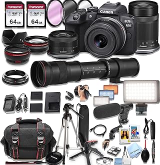 Canon EOS R10 Mirrorless Camera18-45mm and 55-210mm Lenses + 420-800mm Super Telephoto Lens + 128GB Memory, LED Light, Microphone, Spare Battery, Case, Tripod, Flash, (44pc Bundle) (Renewed)