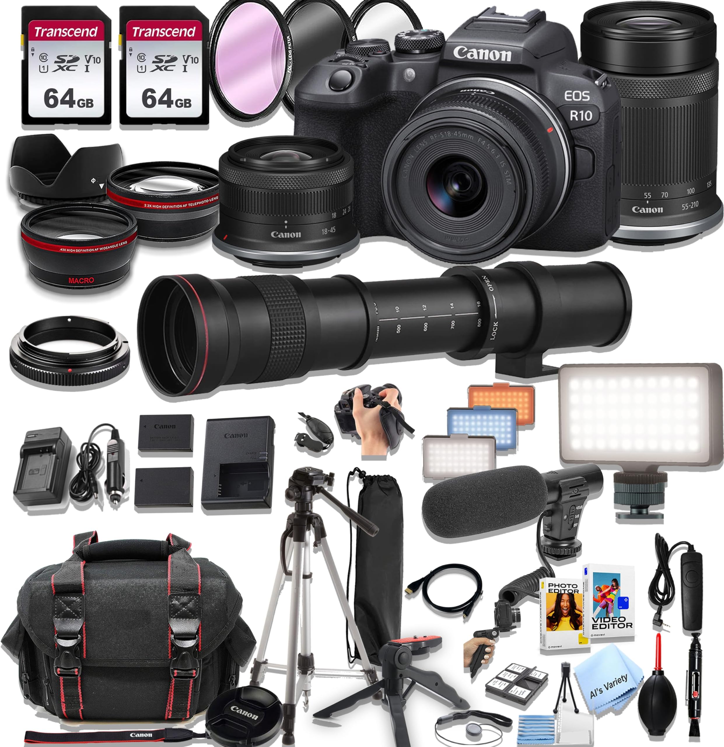 Canon EOS R10 Mirrorless Camera18-45mm and 55-210mm Lenses + 420-800mm Super Telephoto Lens + 128GB Memory, LED Light, Microphone, Spare Battery, Case, Tripod, Flash, (44pc Bundle) (Renewed)