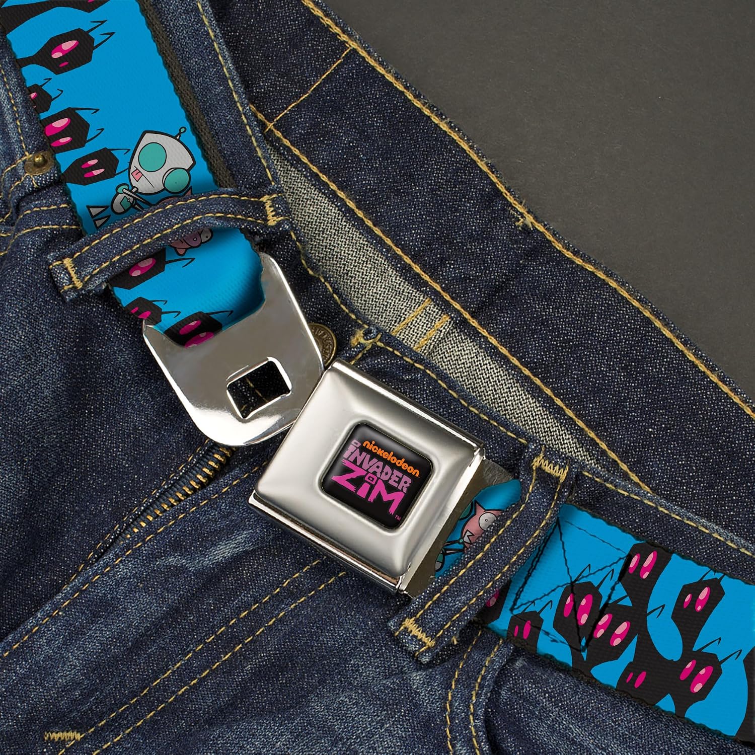 Nickelodeon Belt, Seatbelt Buckle Belt, Invader Zim GIR and Piggy Rule the World Poses Blue, Adjustable