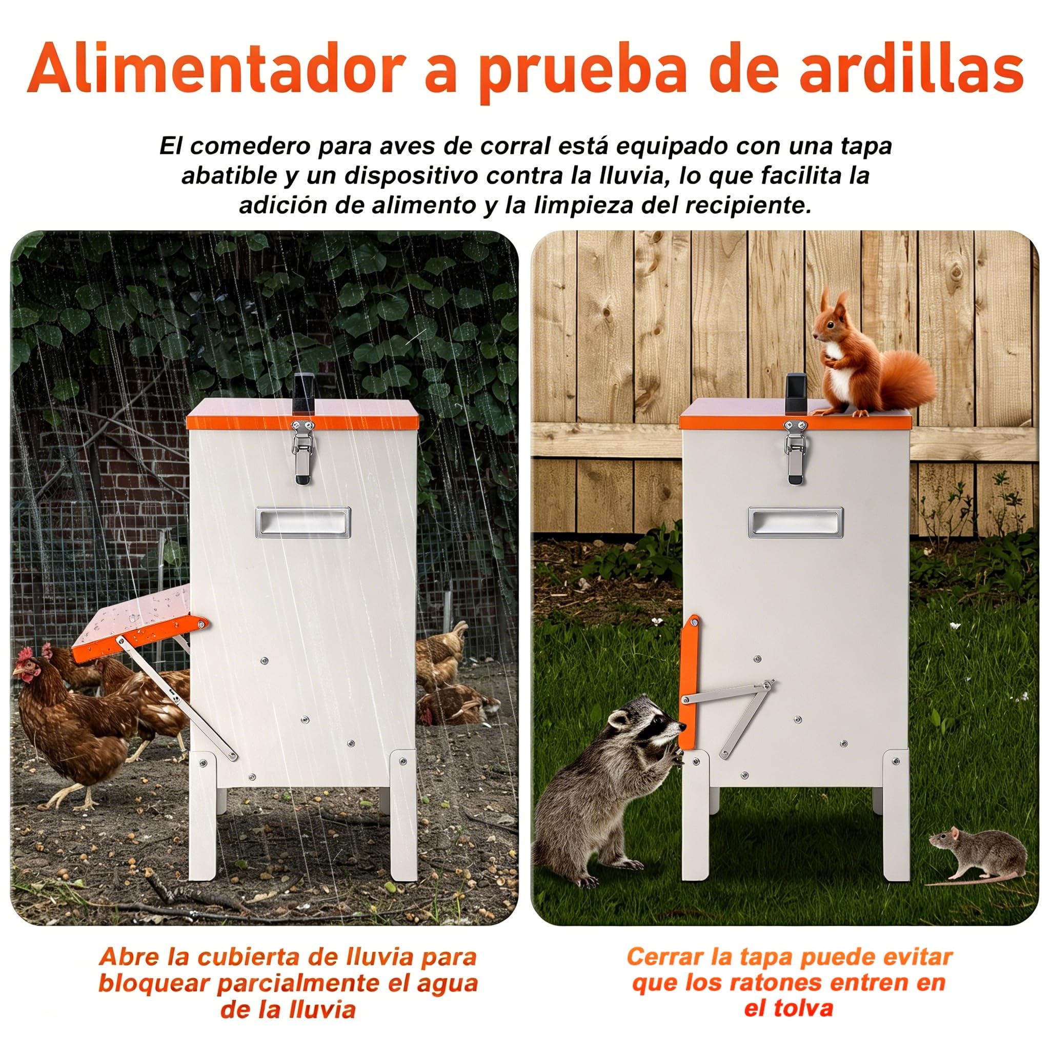 Comedero Automático para Gallinas con Patas Elevadas, Dispensador de Alimento Metálico de 15KG, para Instalación Colgante, Resistente y Duradero