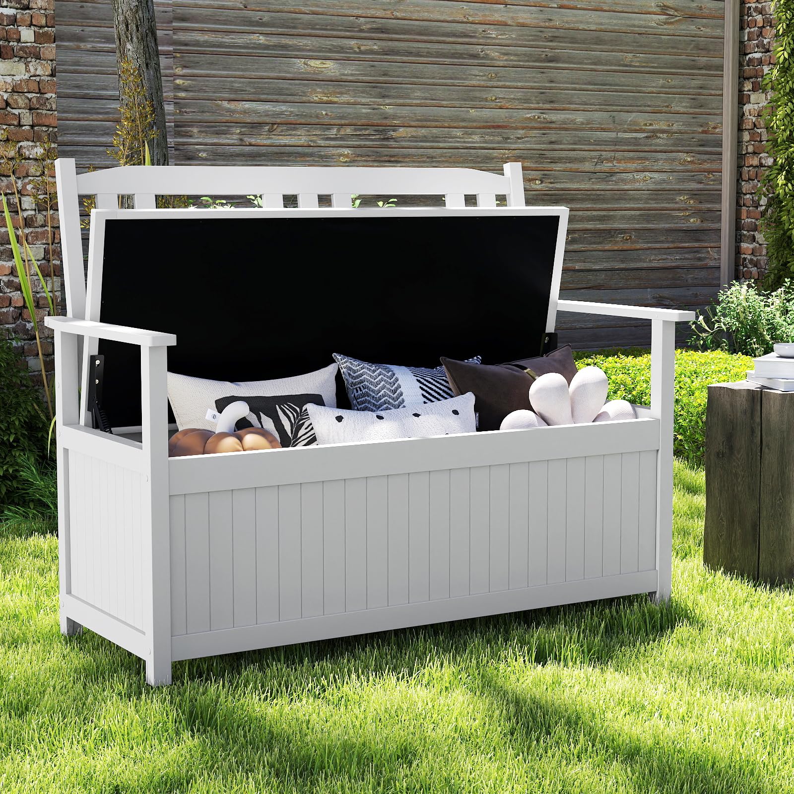 COSTWAY Panchina da Giardino con Contenitore di Legno, Cassapanca da Esterno 2 Posti con Schienale e Braccioli, Panca per Cortile e Ingresso, 123 x 68,5 x 96 cm (Bianco)
