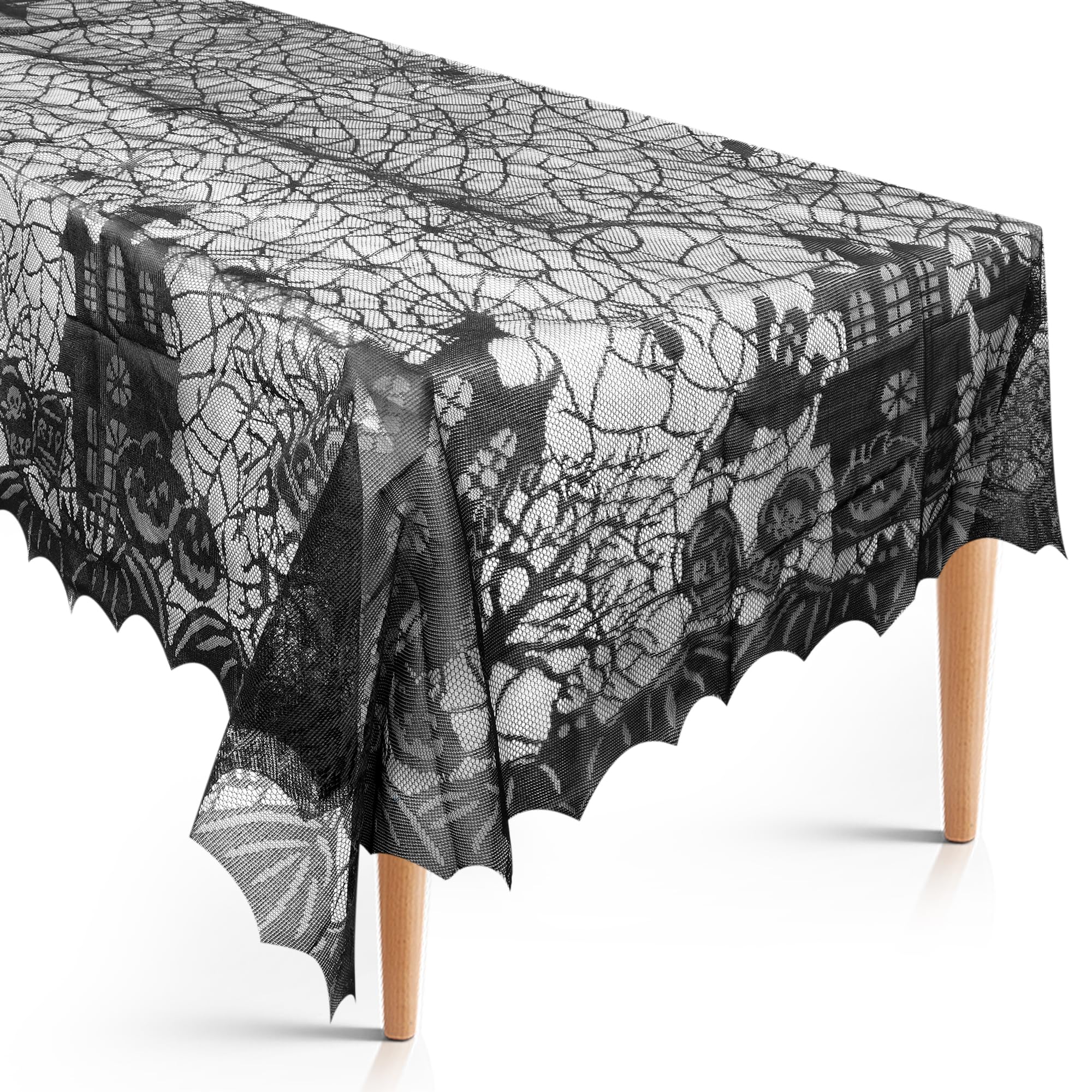 Lollanda Lace Fabric Spider Web Tablecloths, Spooky Black Halloween Table Covers, Pumpkin Fireplace Mantel Scarf Cover for Party Decoration